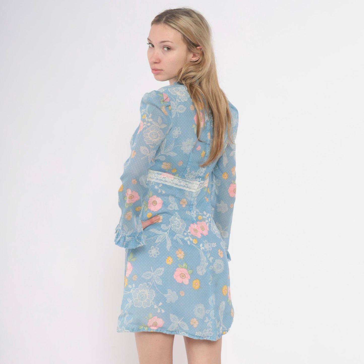 70s Light Blue Floral Mini Dress Long Sleeve Ruffle Lace Trim Small