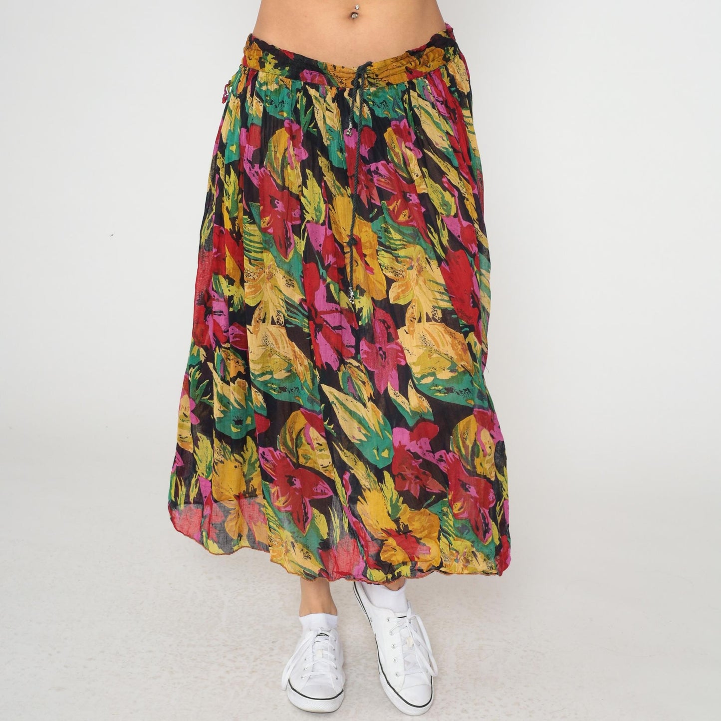 90s Tropical Floral Midi Skirt Cotton Gauze Elastic Waist Multicolor Large