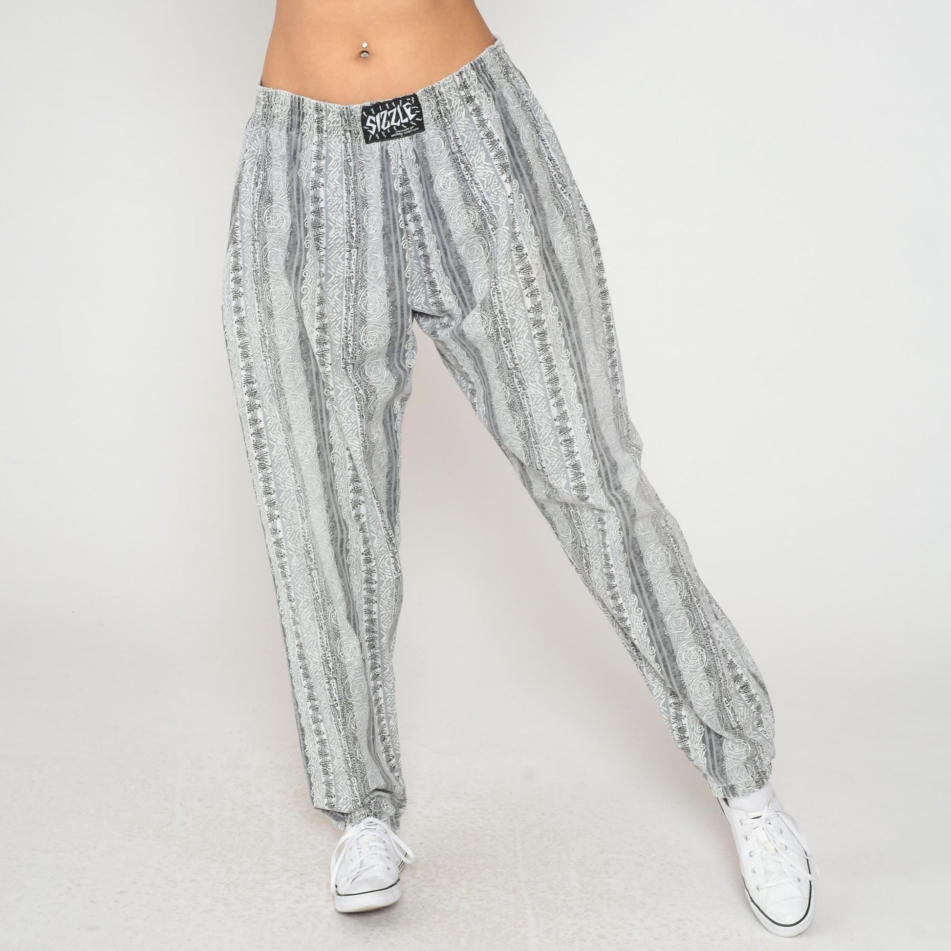 90s Sizzle Geometric Print Lounge Pants Grey White Elastic Waist Large