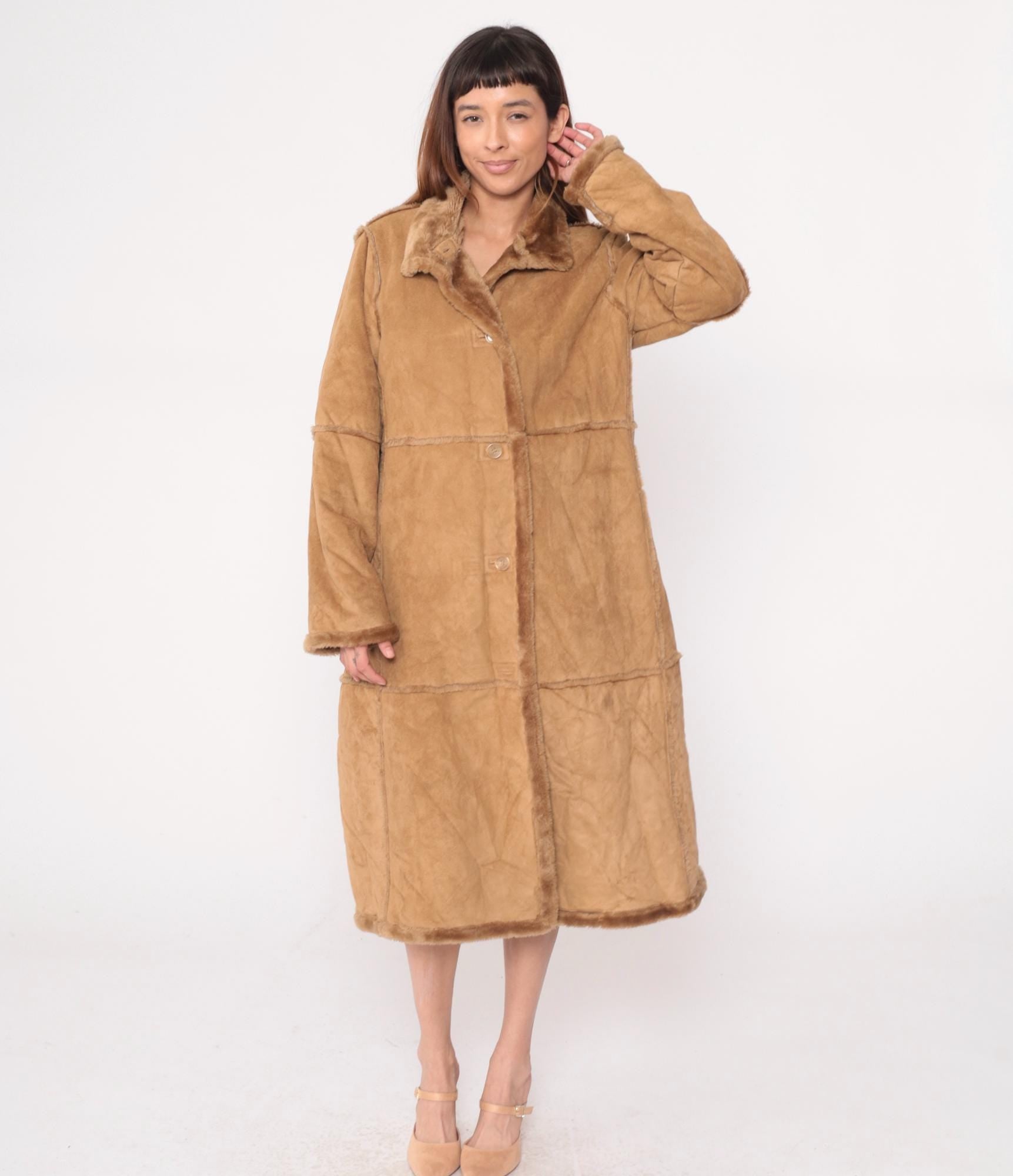 Y2K St Johns Bay Tan Faux Shearling Coat Fur-Trimmed Collar Petite Large
