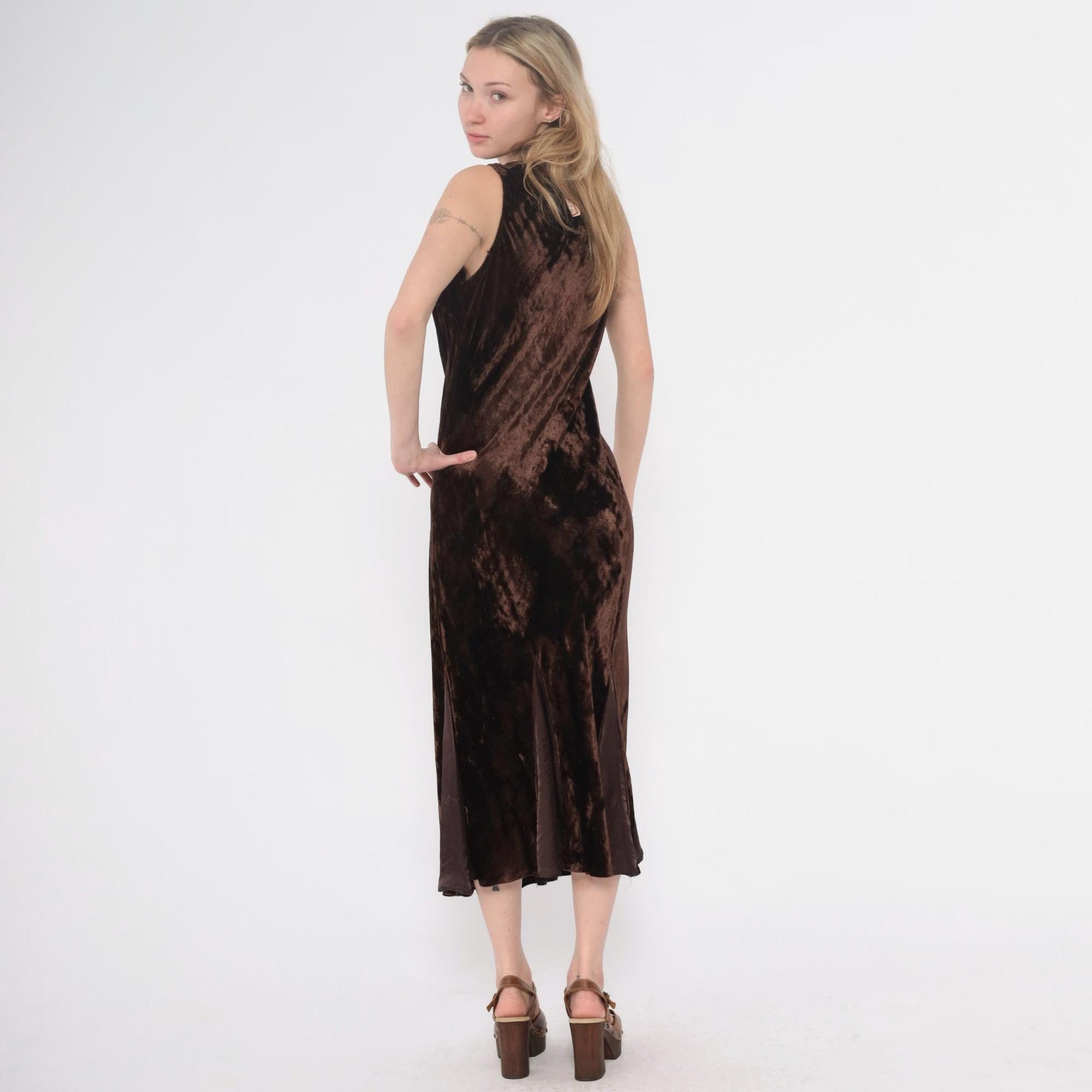 90s April Cornell Velvet Maxi Dress Brown V-Neck Sleeveless Small S