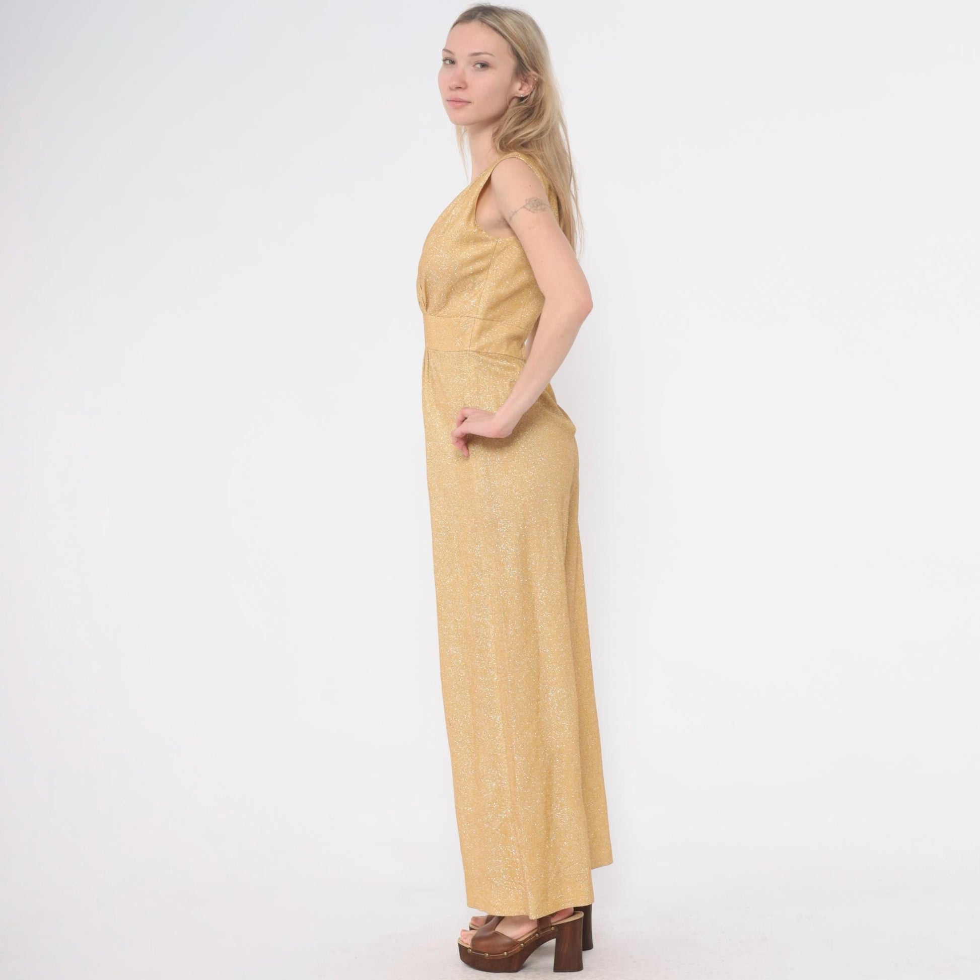 70s Gold Metallic Jumpsuit Sleeveless V-Neck Wide Leg Spiegel Small