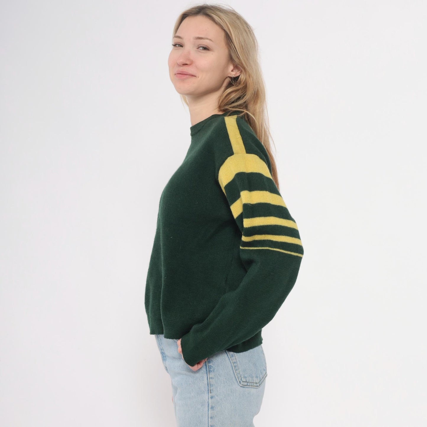 70s Norvyk by Renoir Wool Sweater Forest Green Striped Sleeves Large