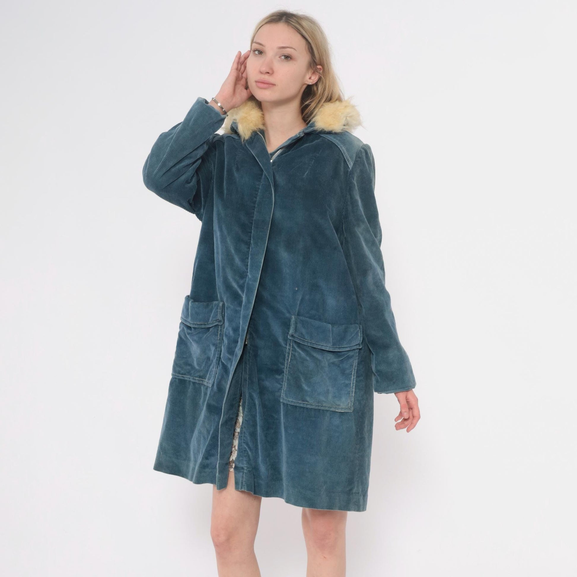 70s Blue Corduroy Jacket Cream Fur Collar Shearling Lined Knee Length Small