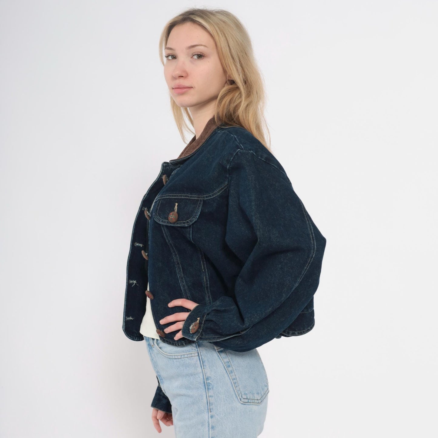90s Coldwater Creek Cropped Denim Jacket Scalloped Hem Dark Wash Large L