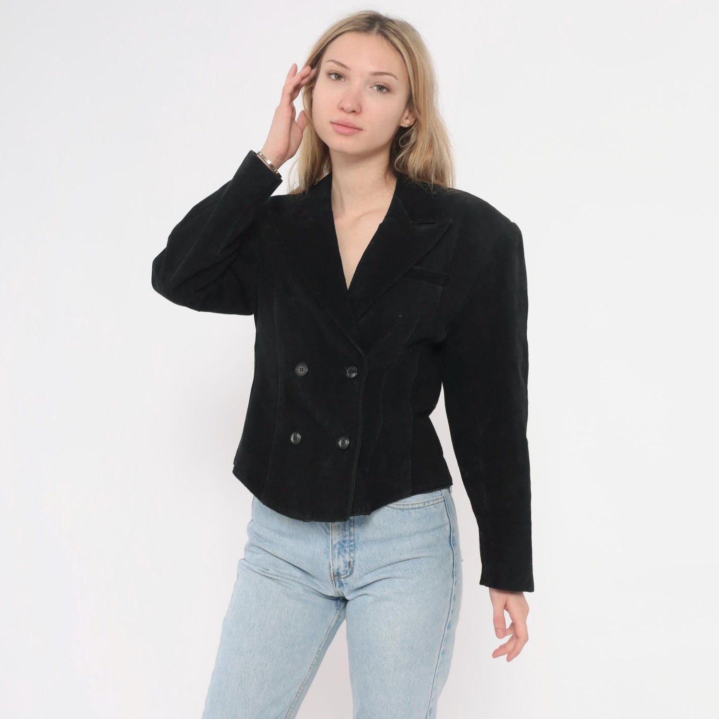 90s Winlit Black Leather Double Breasted Cropped Blazer Notched Lapel Small S