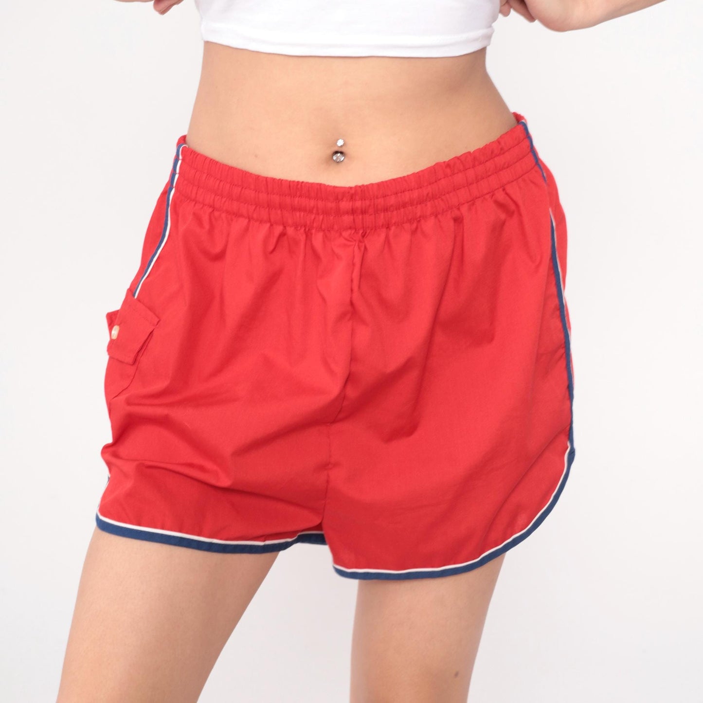 80s Red Jogging Shorts Navy Striped Trim Elastic Waistband Extra Large