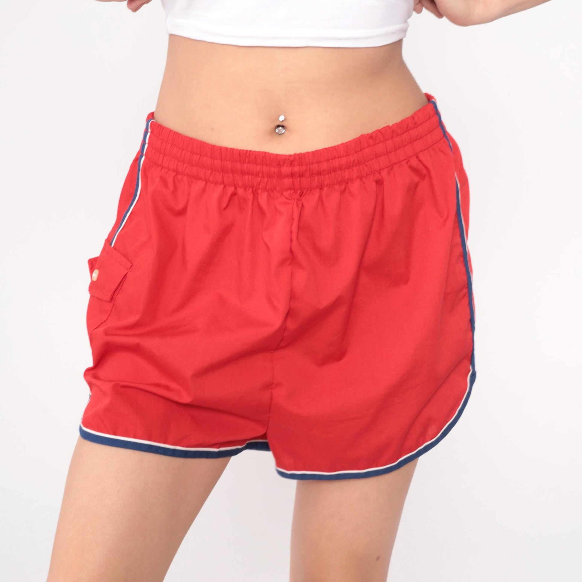 80s Red Jogging Shorts Navy Striped Trim Elastic Waistband Extra Large