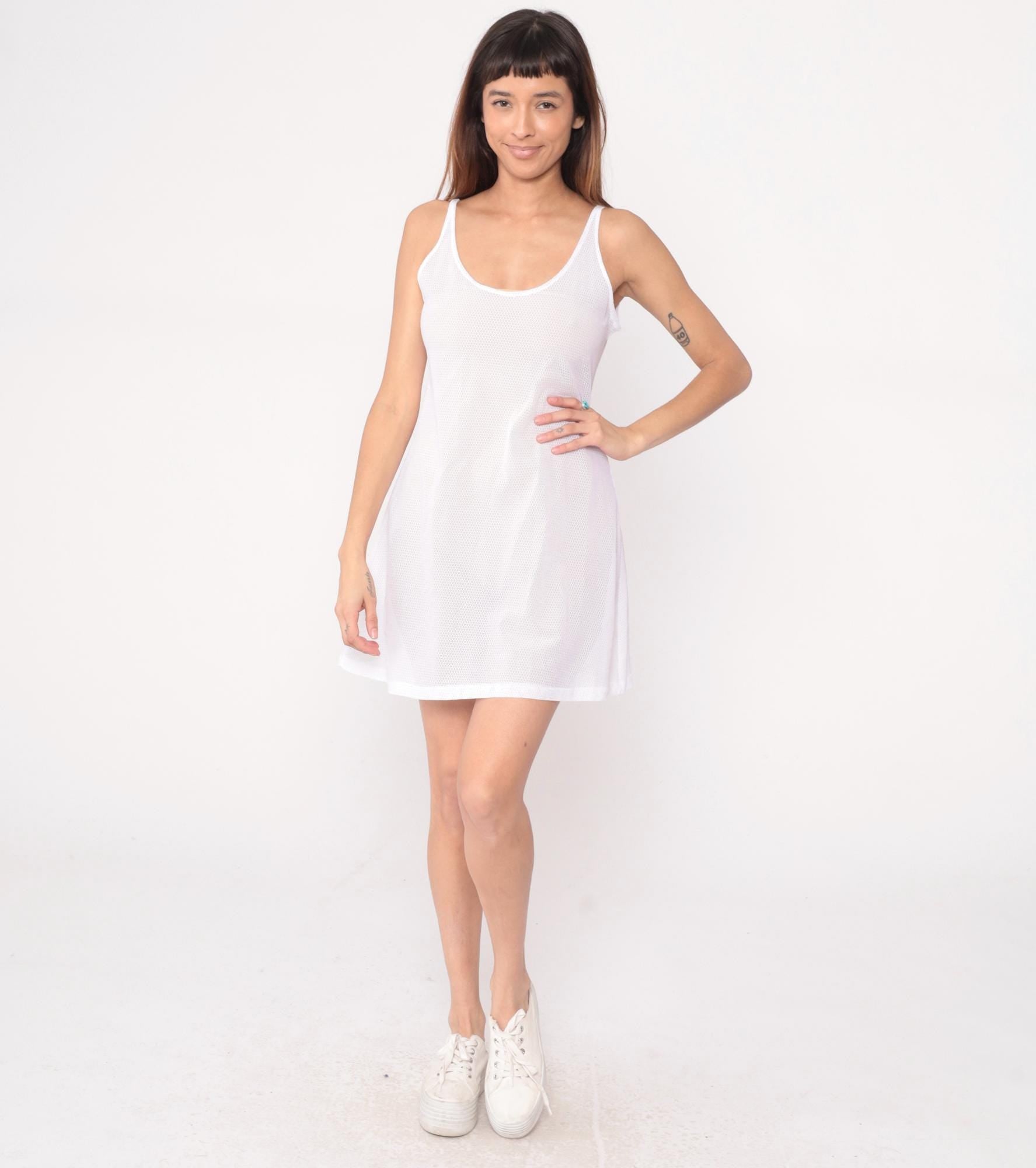 90s White Mesh Mini Dress Tank Sleeveless Scoop Neckline Medium M