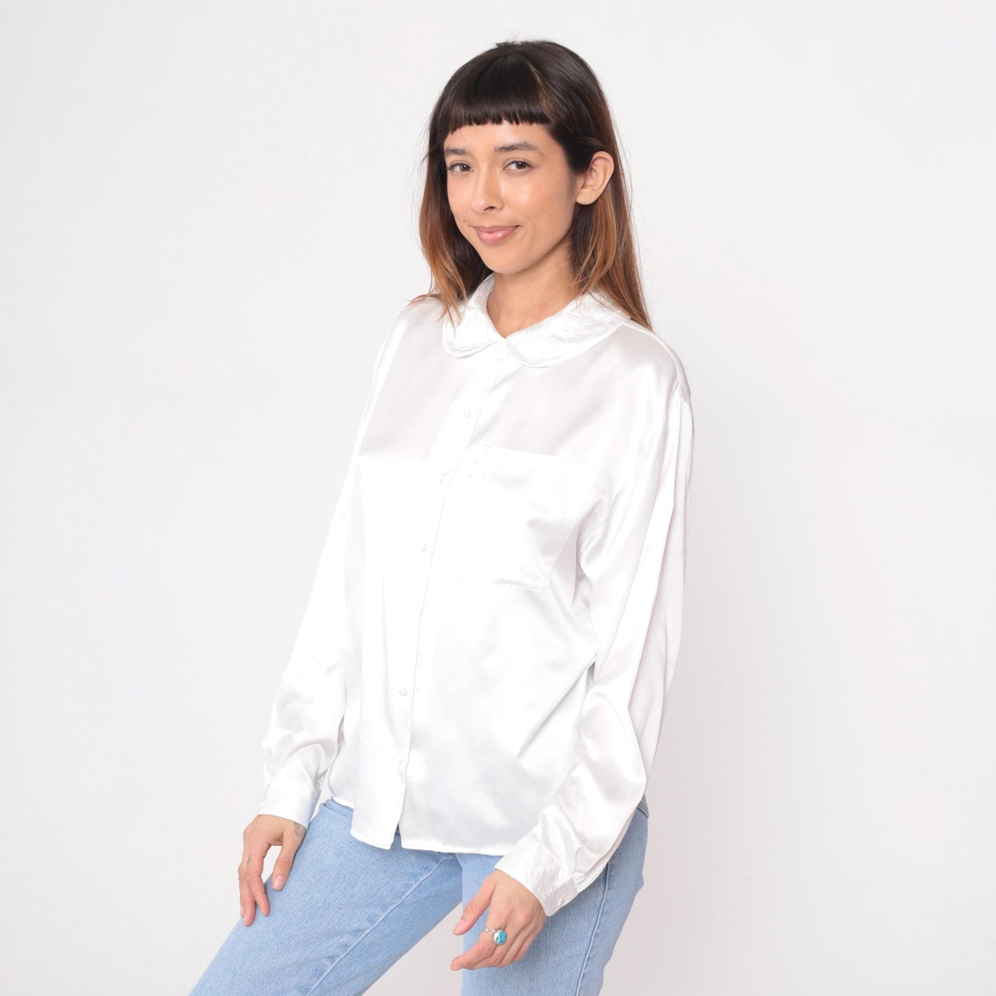 90s Charlotte van Horne White Peter Pan Collar Blouse Long Sleeve Large L