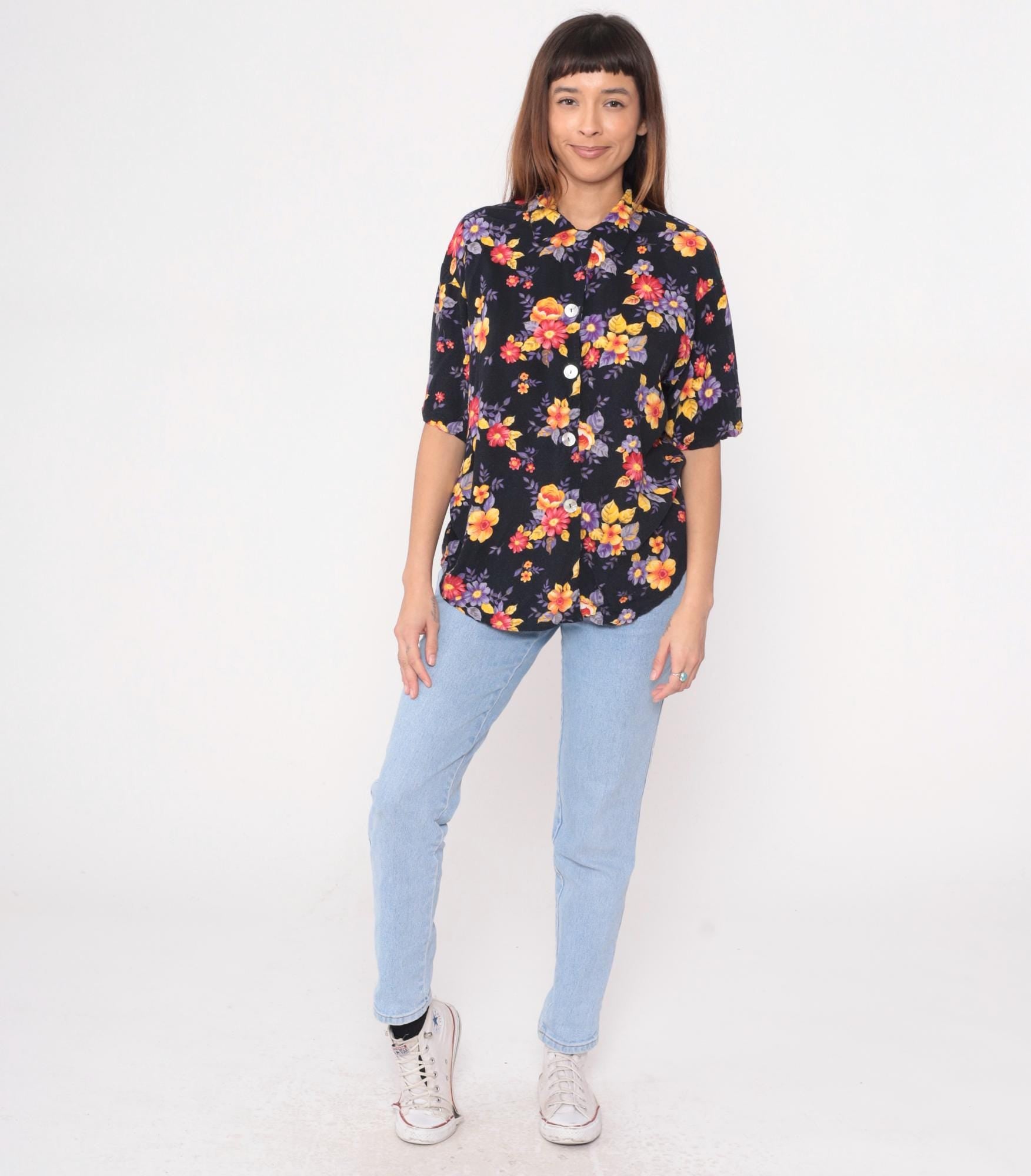 90s Black Floral Rayon Blouse Short Sleeve Button Up Medium M