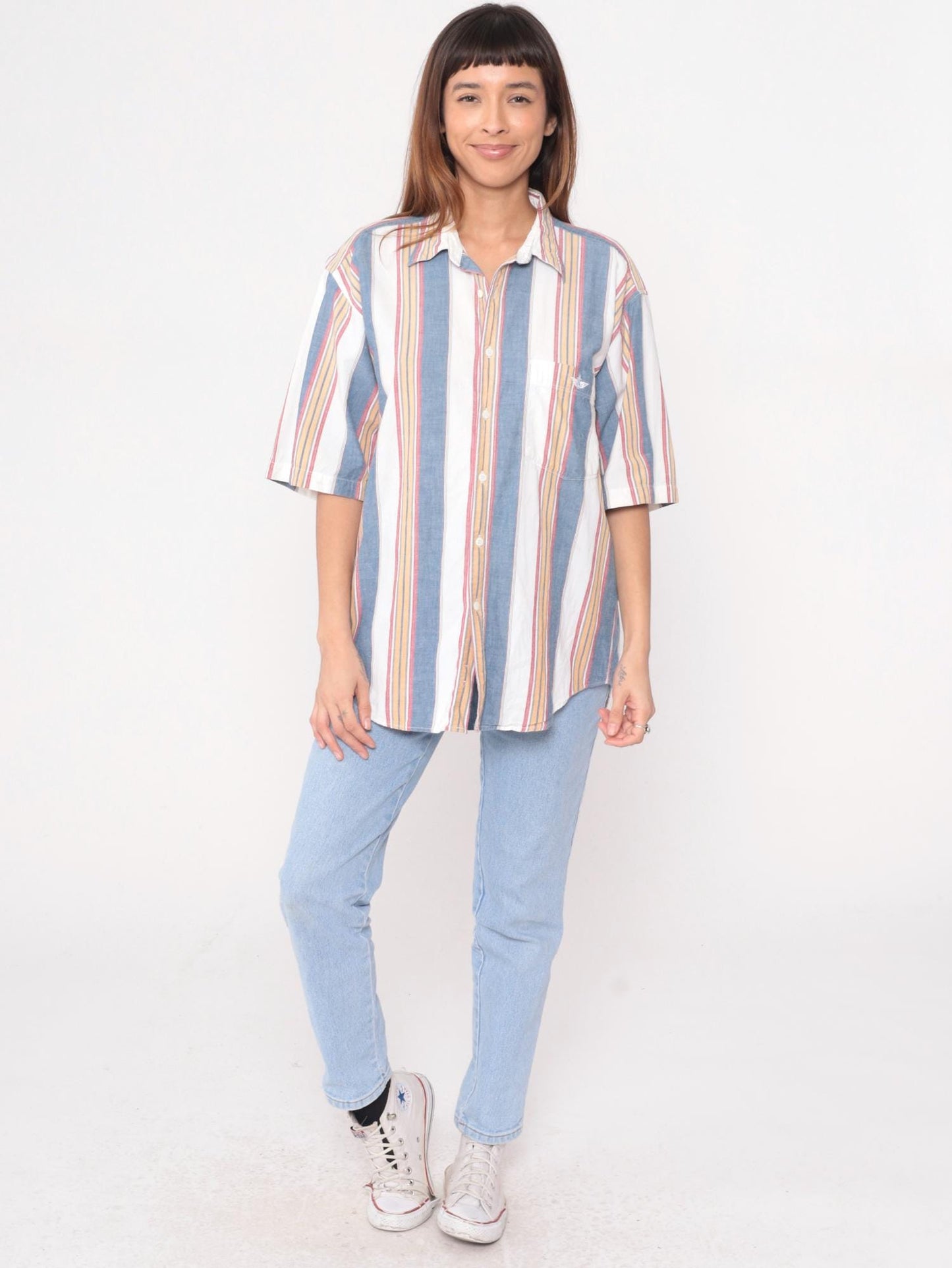 90s Dockers Striped Cotton Button-Up Shirt Blue White Pink Medium M