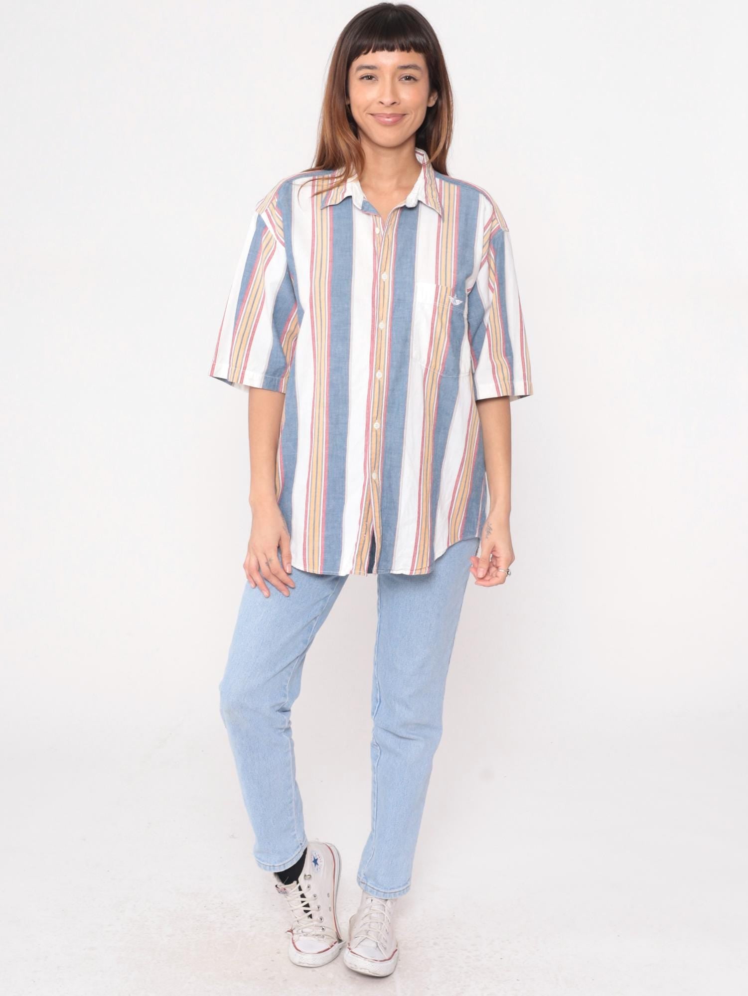 90s Dockers Striped Cotton Button-Up Shirt Blue White Pink Medium M