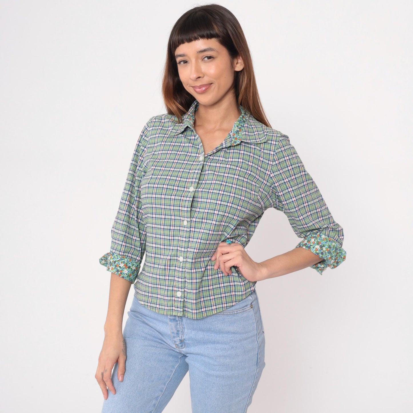 Y2K Talbots Plaid Button-Up Shirt Green Blue Floral Cuff Medium