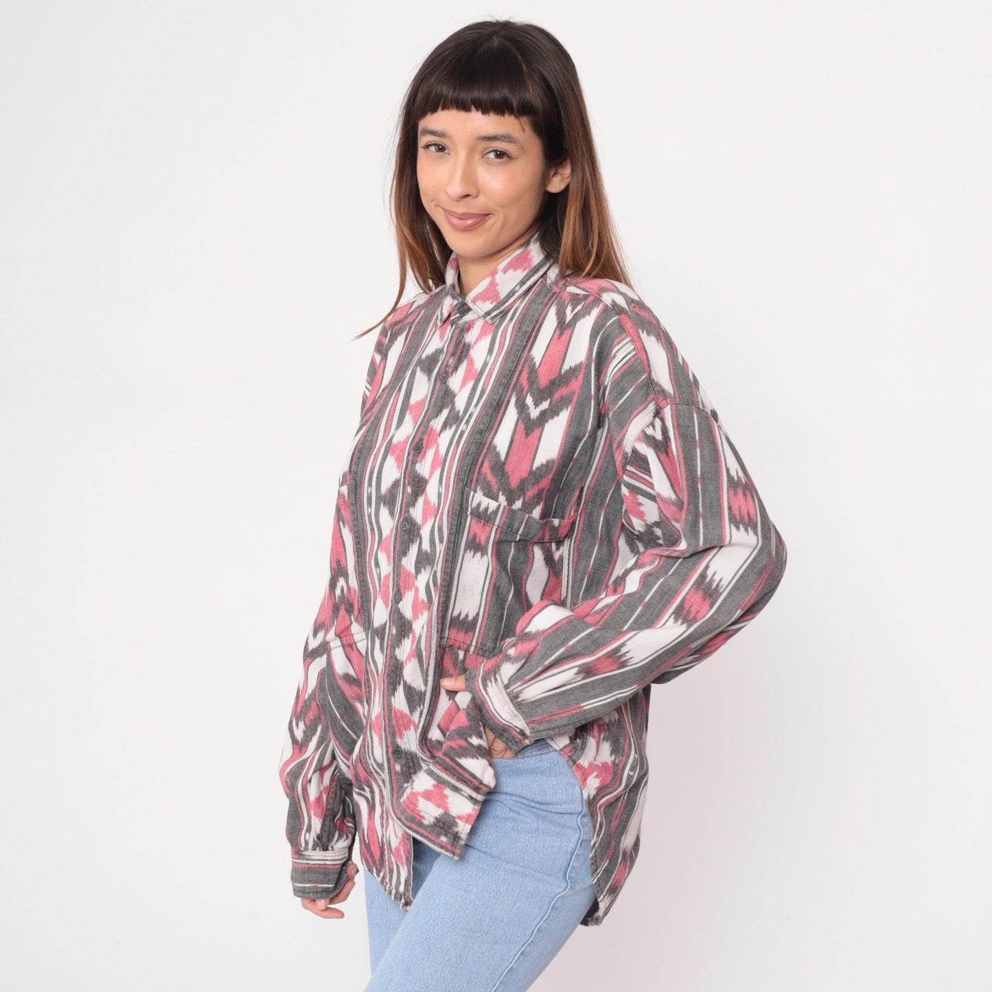 90s Laura Kiran Southwestern Ikat Button Shirt Pink Grey Cotton Extra Large XL