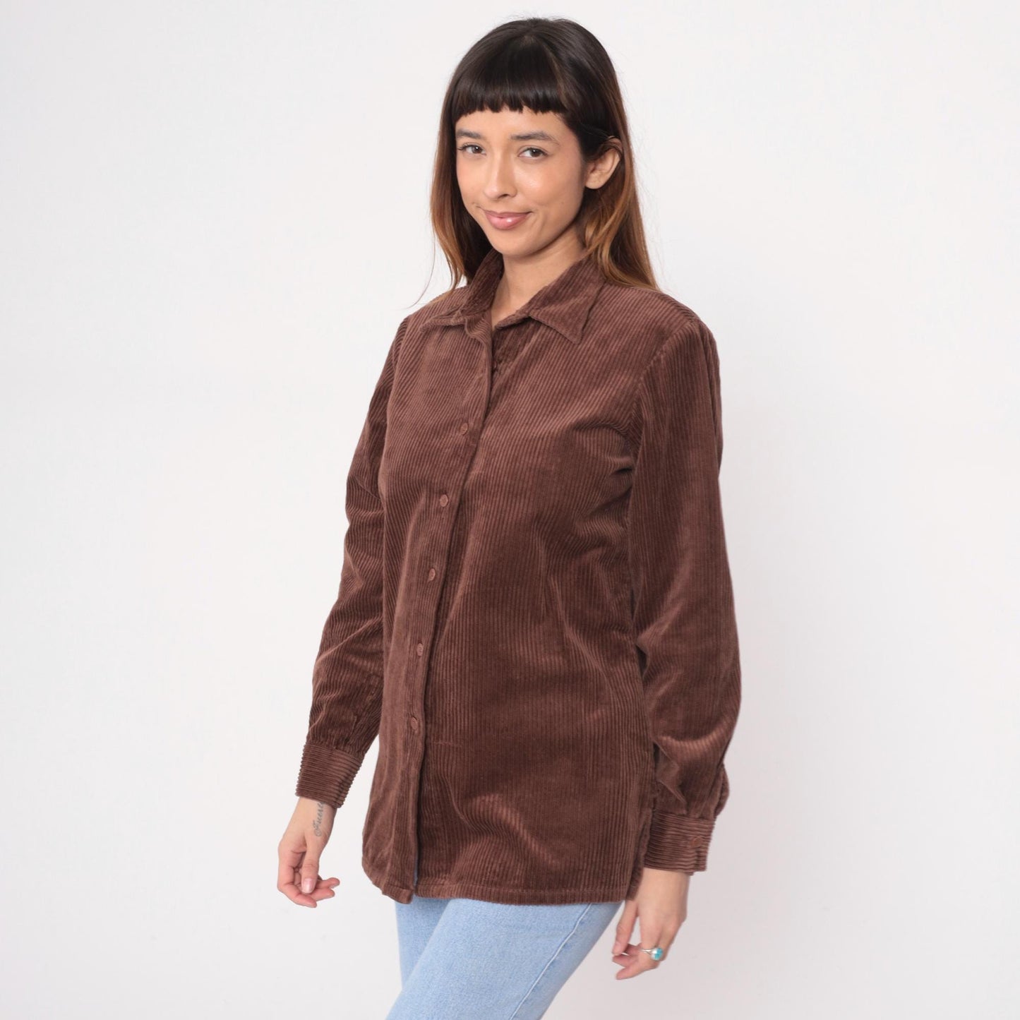 Y2K Brown Corduroy Button-Up Shirt Blair Pointed Collar Long Sleeve Medium