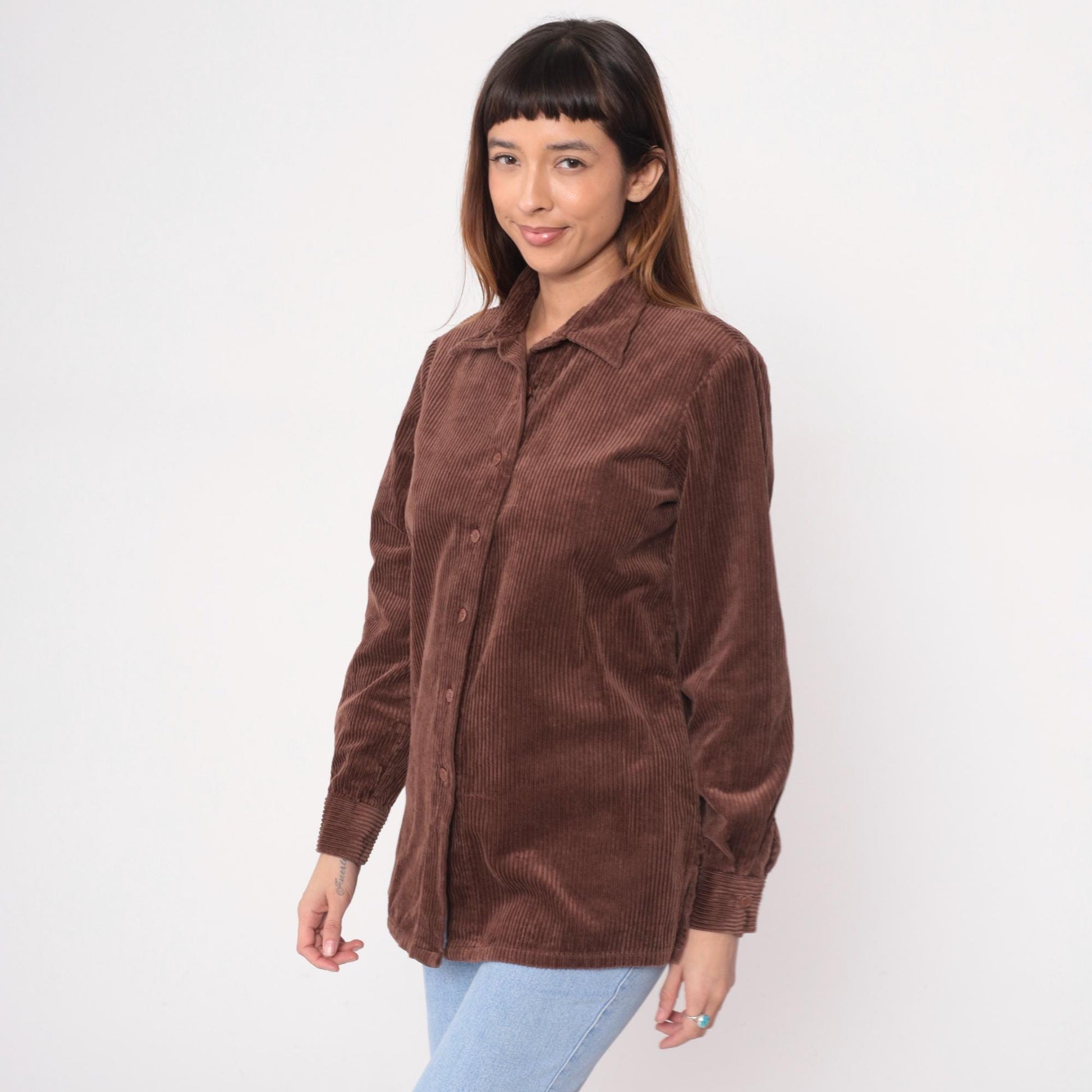 Y2K Brown Corduroy Button-Up Shirt Blair Pointed Collar Long Sleeve Medium