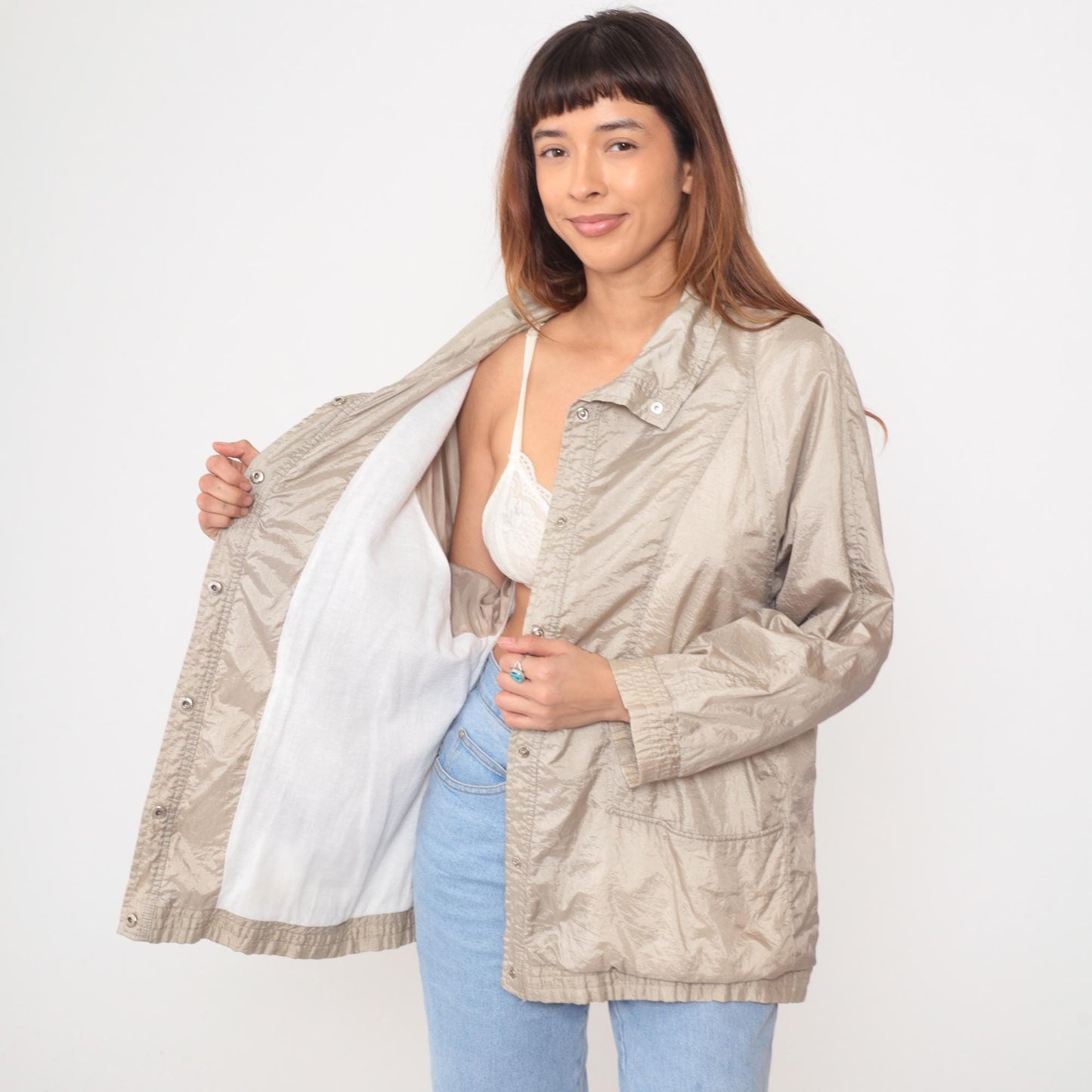 90s Haband Beige Nylon Windbreaker Jacket Snap Button Collar Large