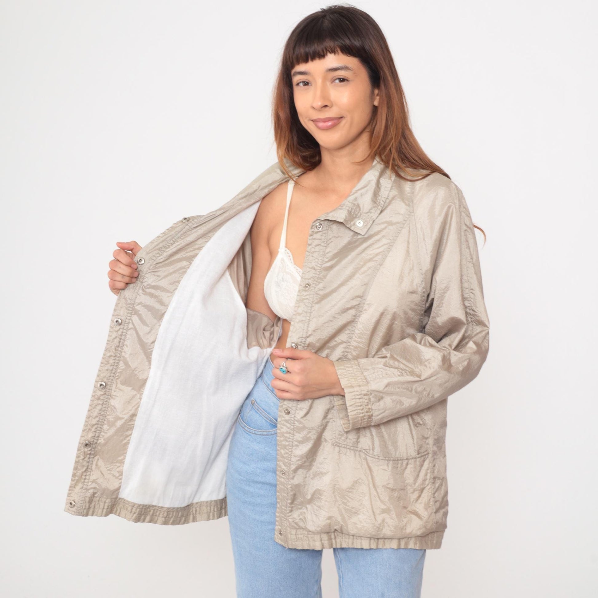 90s Haband Beige Nylon Windbreaker Jacket Snap Button Collar Large