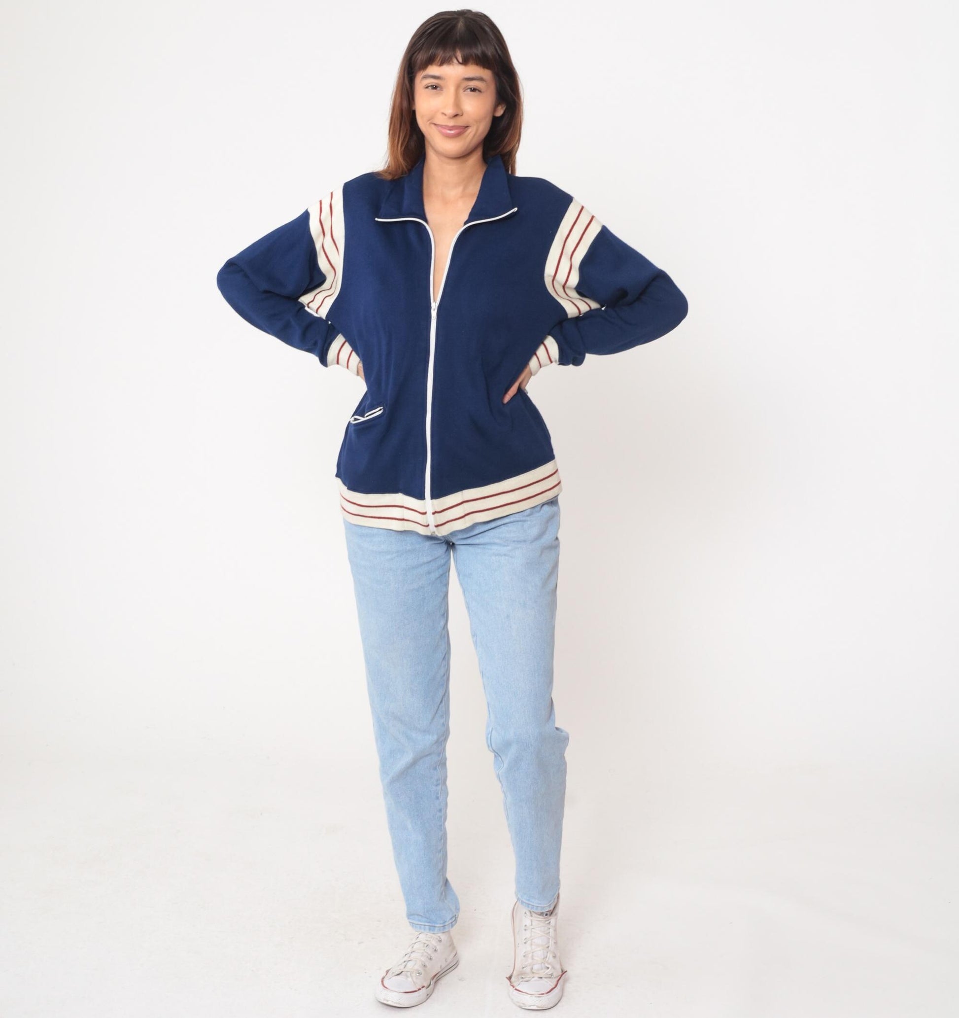 80s Winning Ways Track Jacket Navy Blue Striped Zip Windbreaker Medium