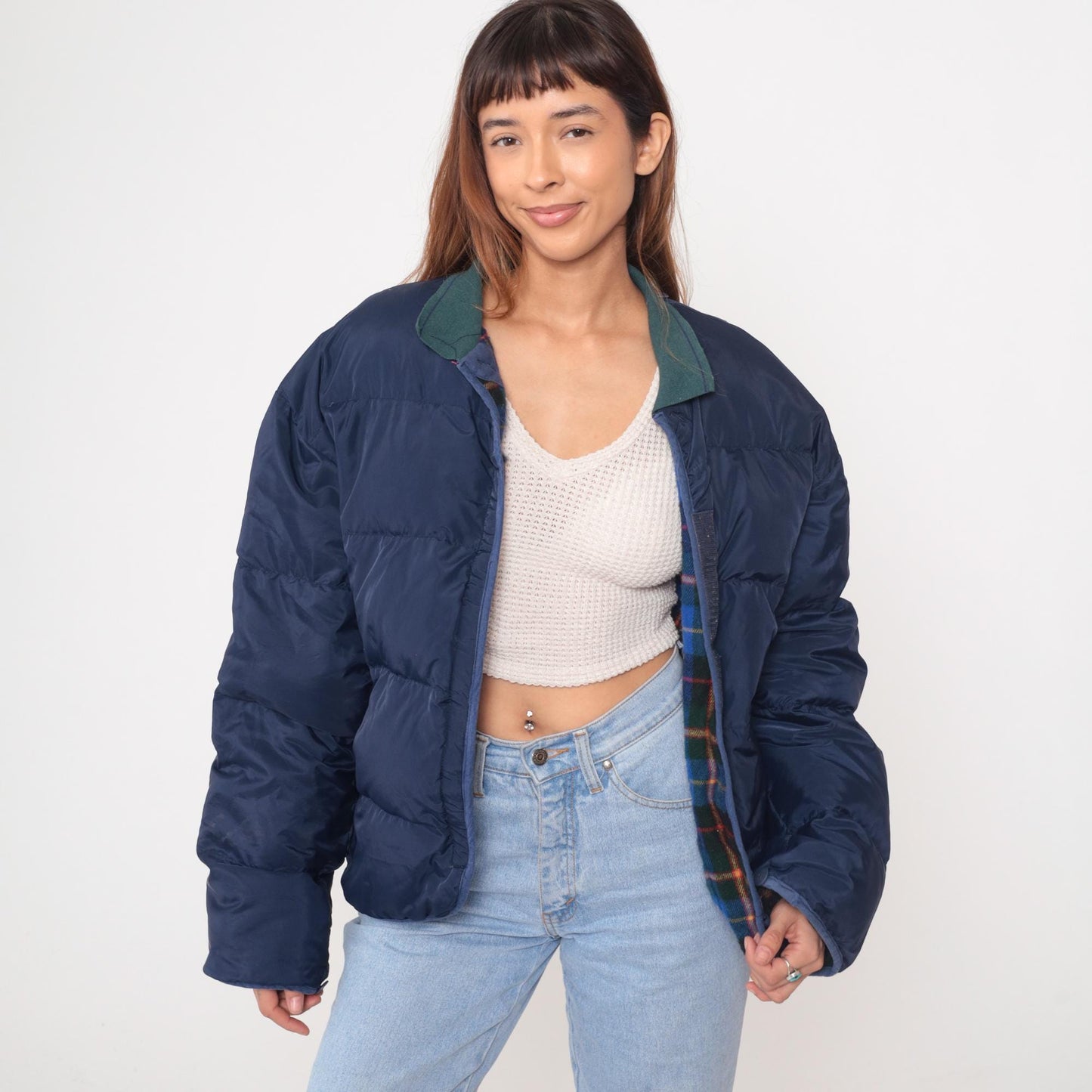 90s GM Down Puffer Jacket Navy Blue Teal Collar Quilted Medium M