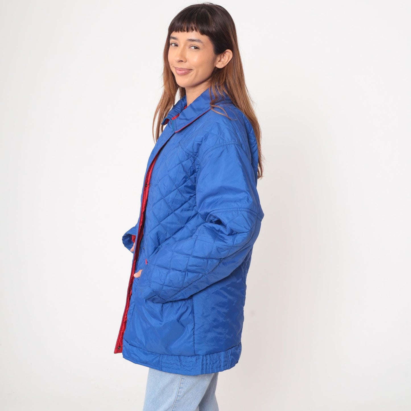 80s Aurora International Blue Quilted Jacket Diamond Pattern Red Lining Medium