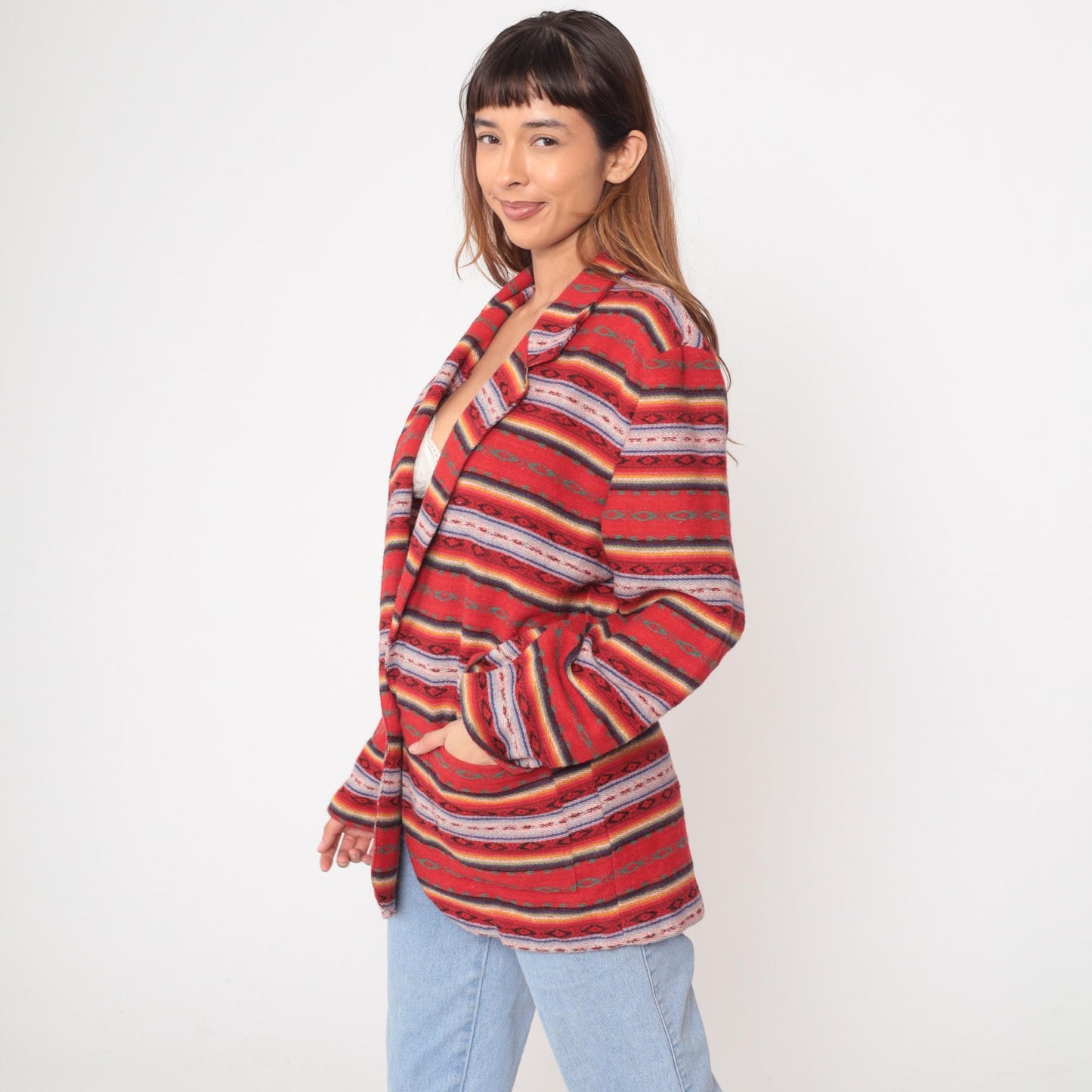 90s Leger Southwestern Blazer Red Striped Geometric Jacket Large L