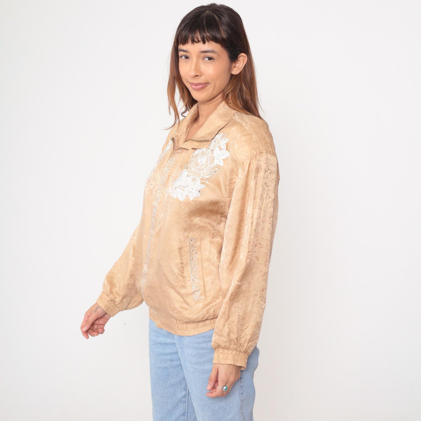 90s Silk Bomber Jacket Champagne Gold Embroidered Floral Medium M