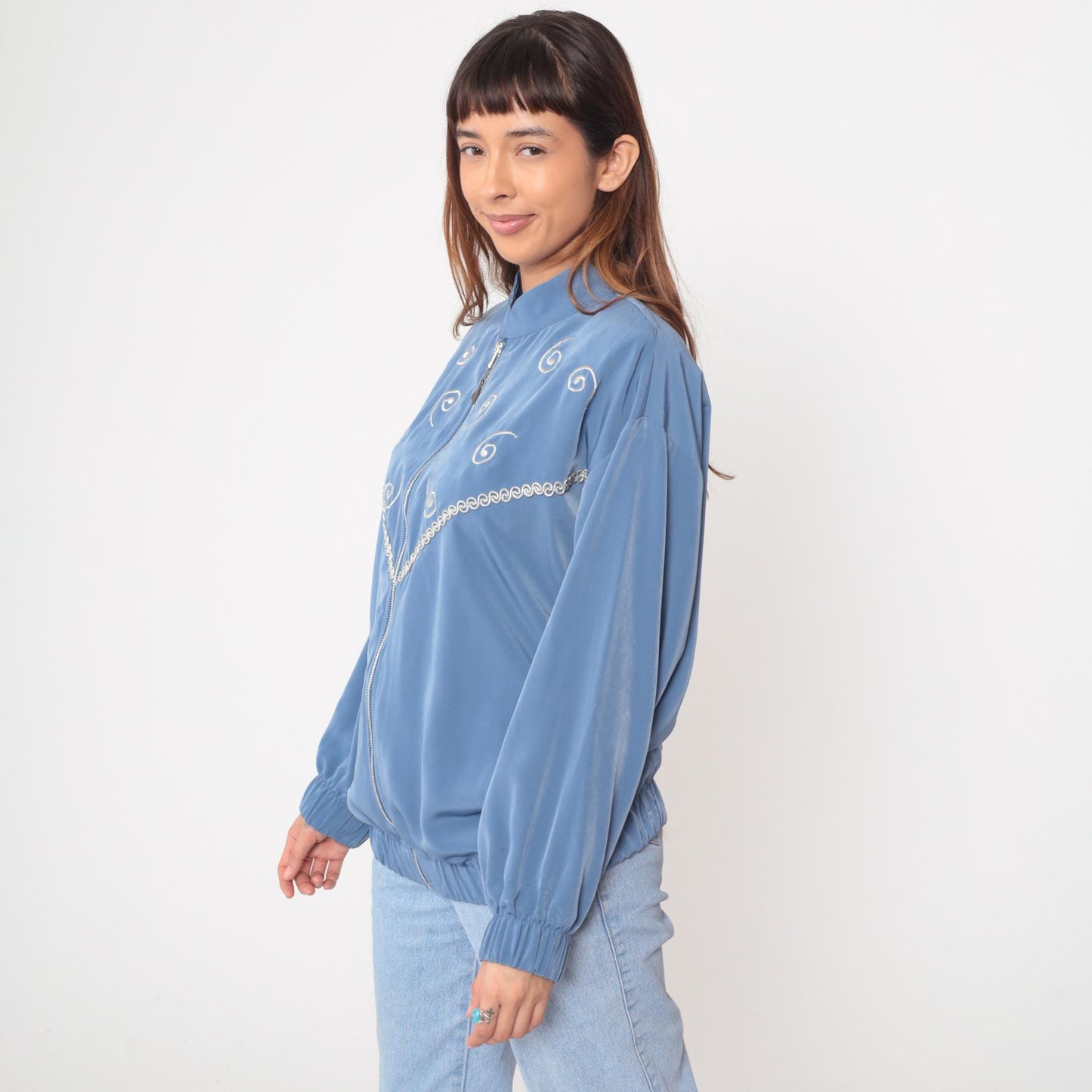 90s Silver Threads Powder Blue Bomber Jacket Spiral Embroidery Medium M