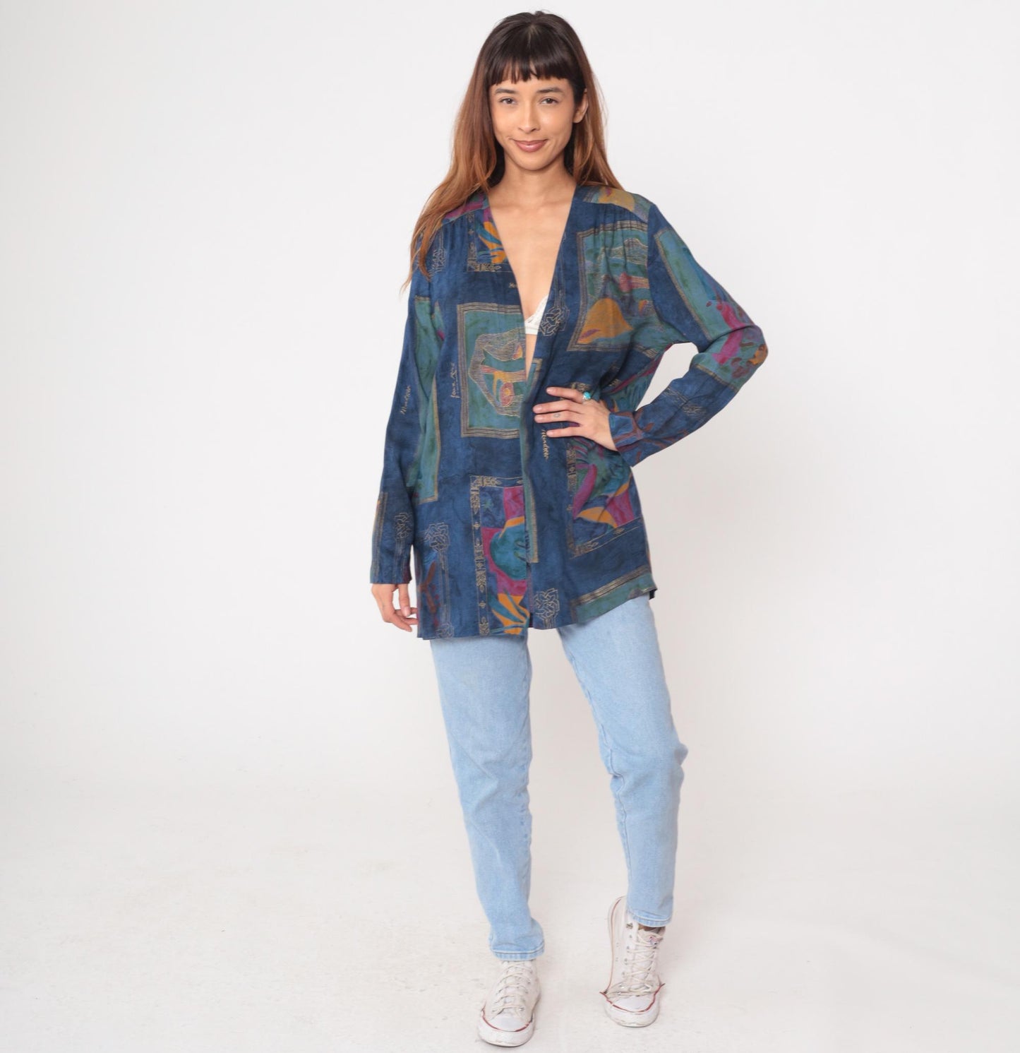 90s Sequel Abstract Geometric Kimono Jacket Blue Multicolor Medium
