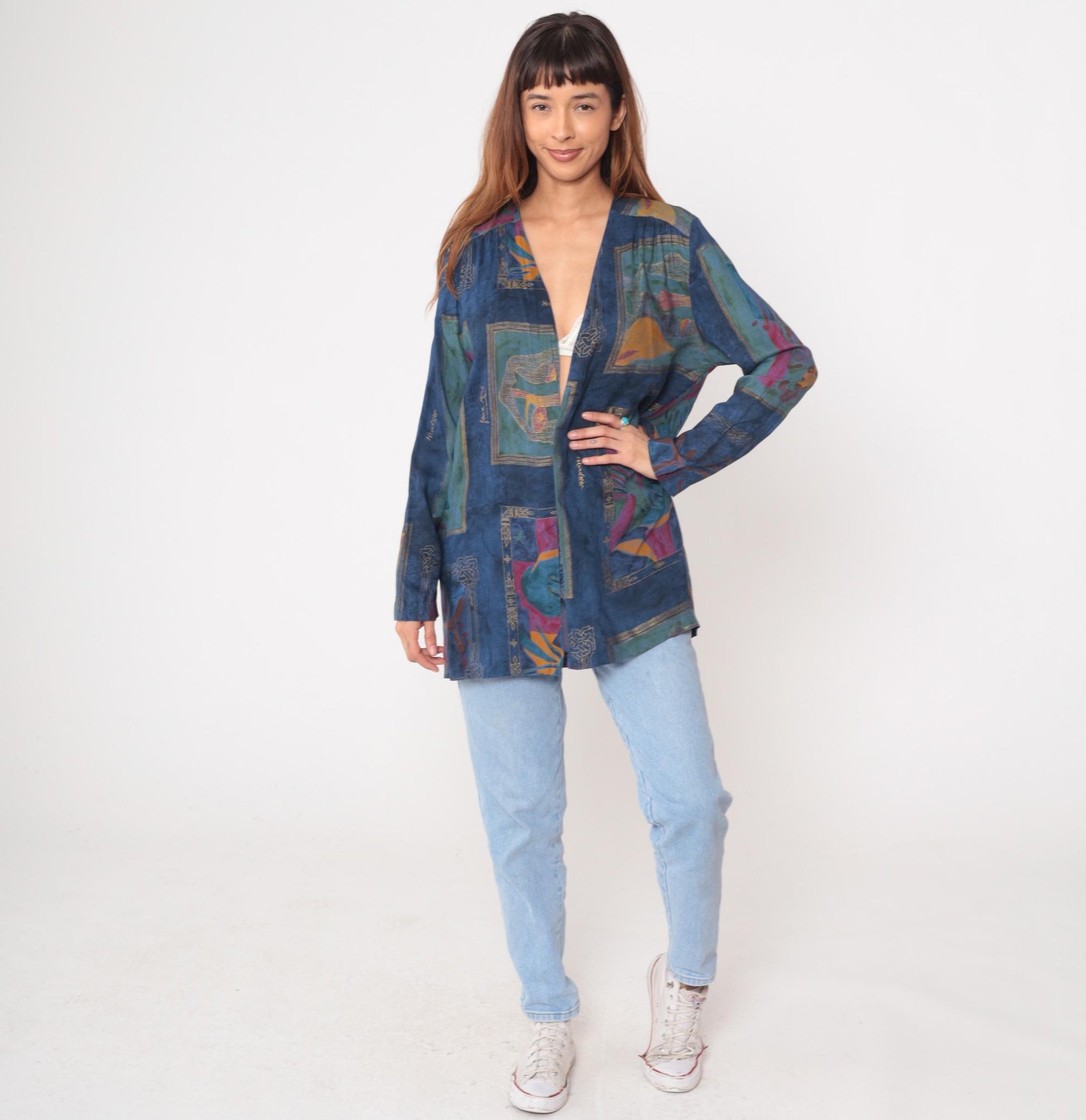90s Sequel Abstract Geometric Kimono Jacket Blue Multicolor Medium