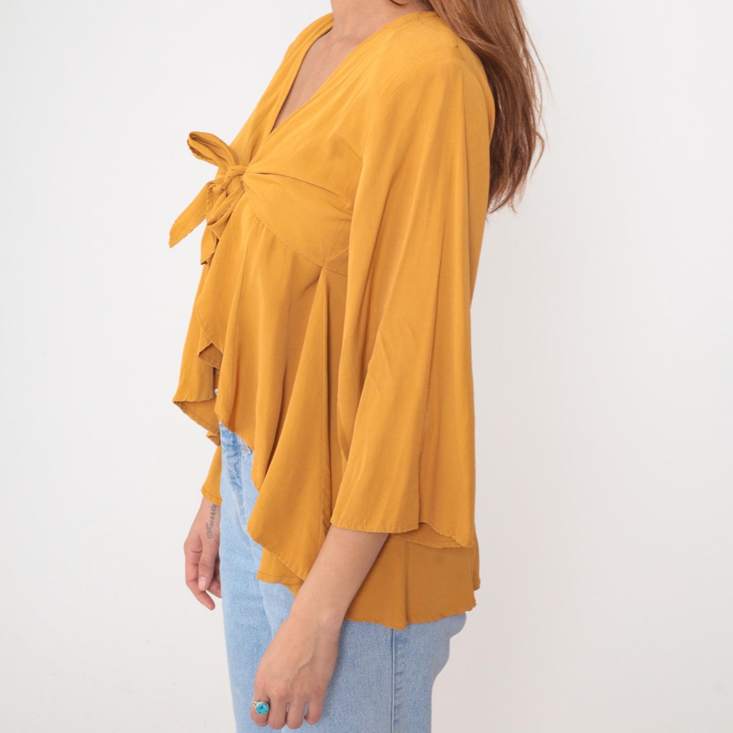 90s Rondo Mustard Yellow Crop Top Deep V Tie Front Peplum Medium M