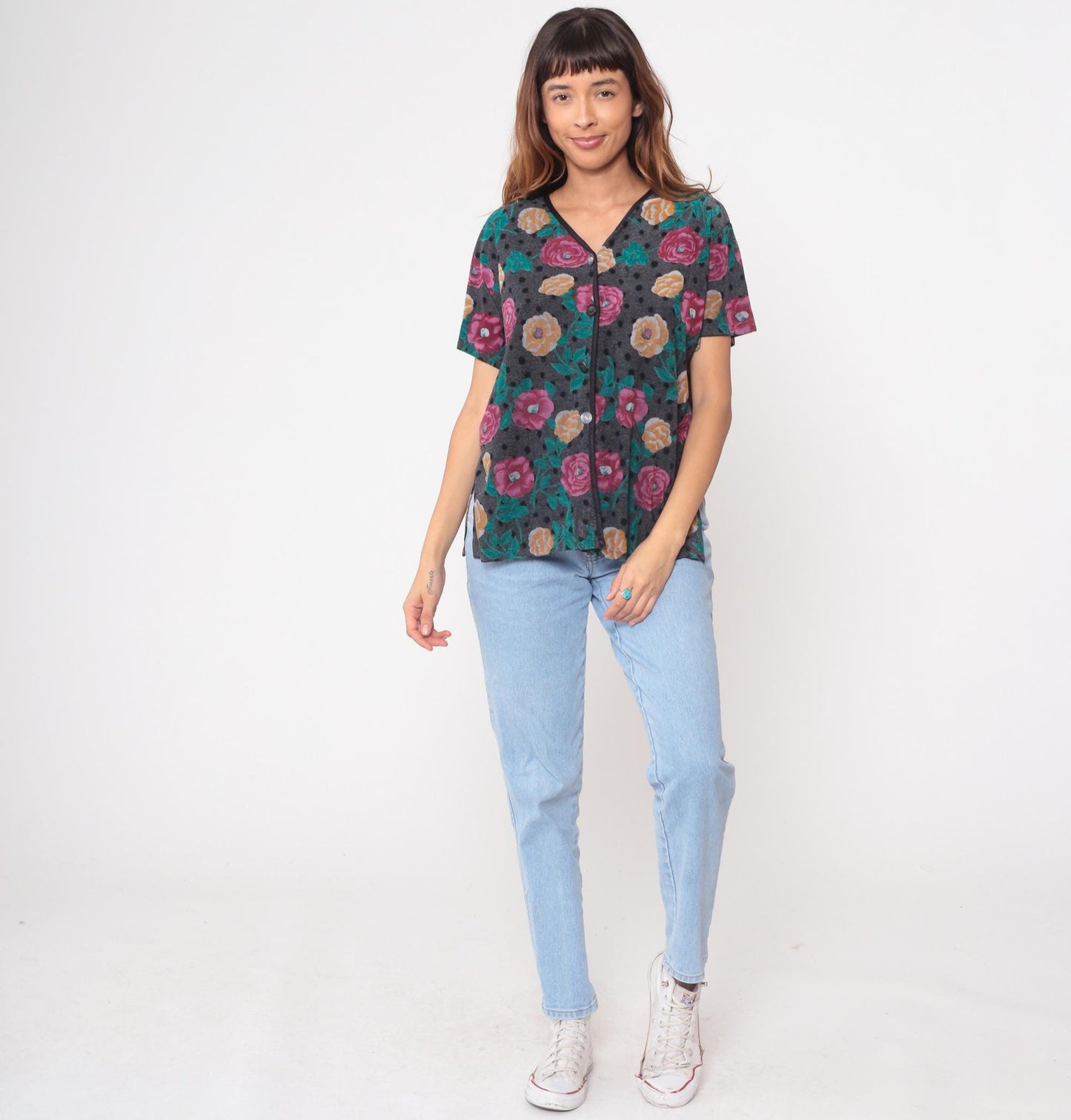 90s Floral Button-Up Blouse Velour Grey Pink Orange Roses Medium