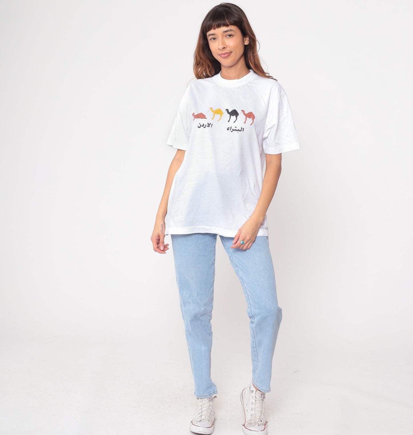 Y2K Petra Camel Graphic T-Shirt White Cotton Arabic Text Tourist Souvenir Large L