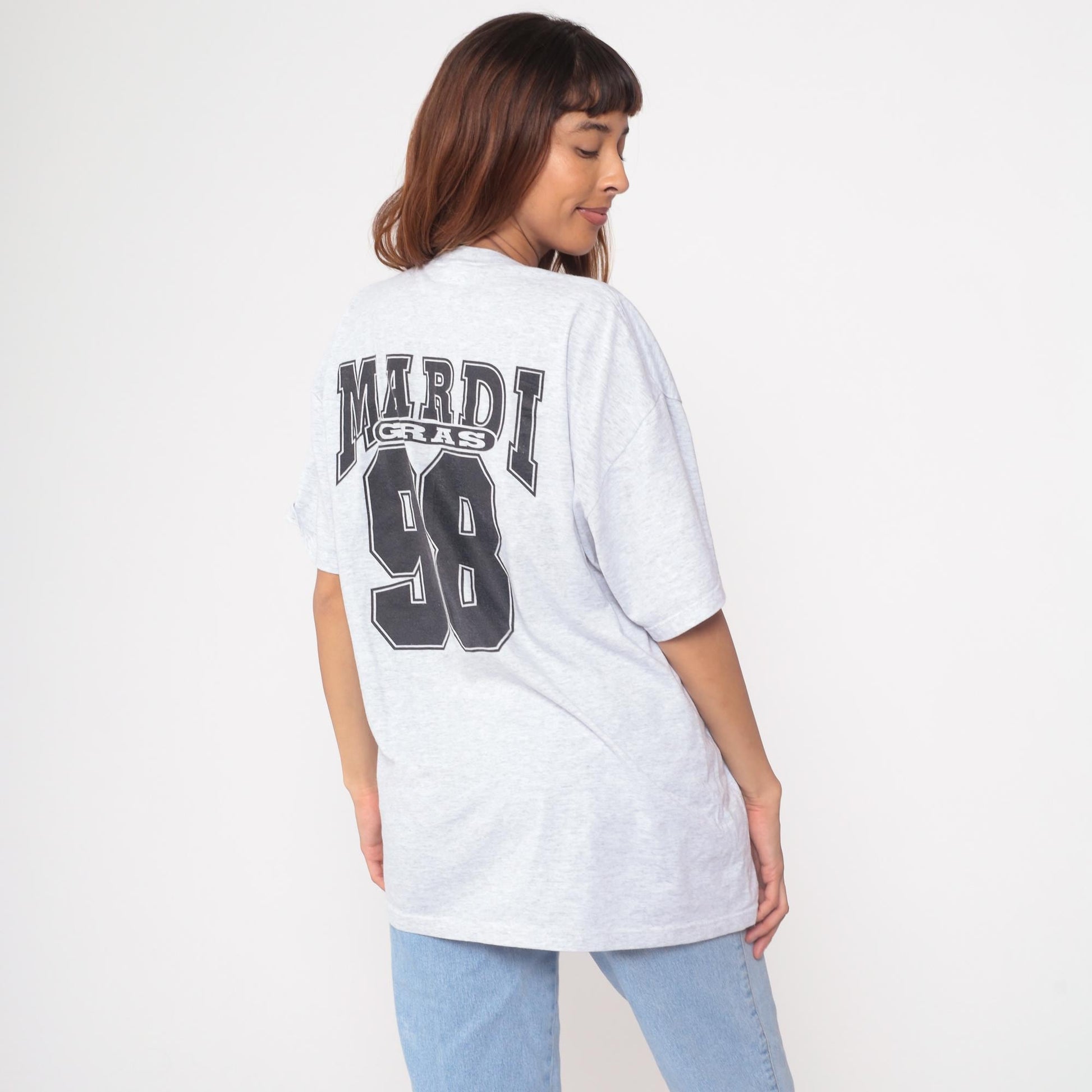90s Mardi Gras 98 Graphic T-Shirt Grey Cotton Jerzees Extra Large XL