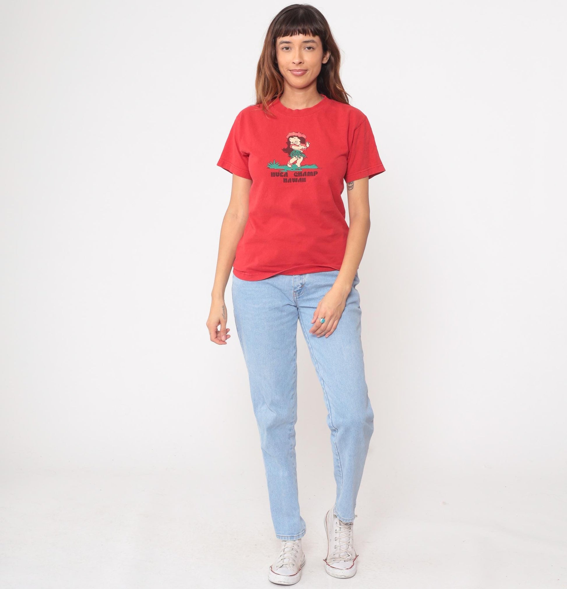 Y2K Hula Champ Hawaii Red Graphic T-Shirt Cotton Crew Neck Small S
