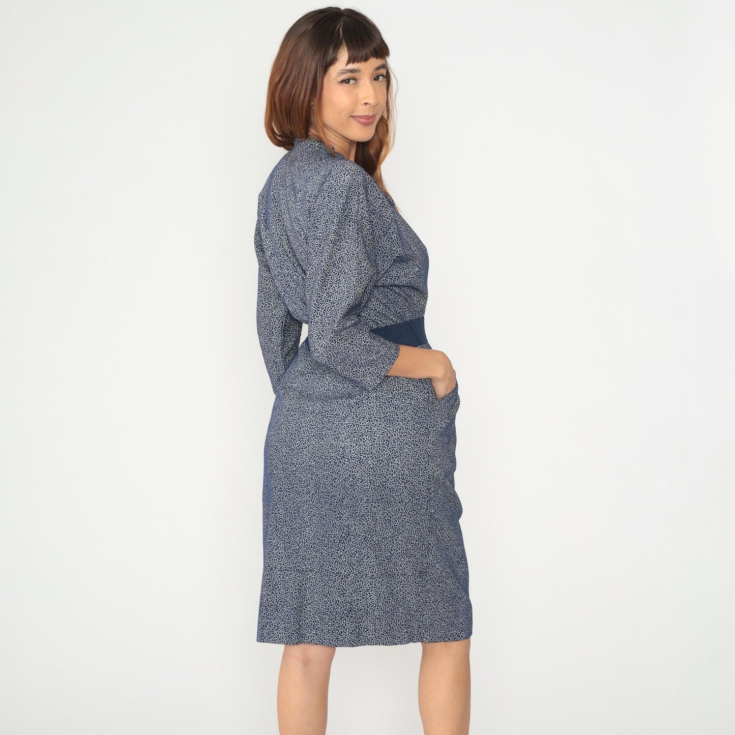 90s Wild Dress Navy Speckled Midi V-Neck Button Front Medium M