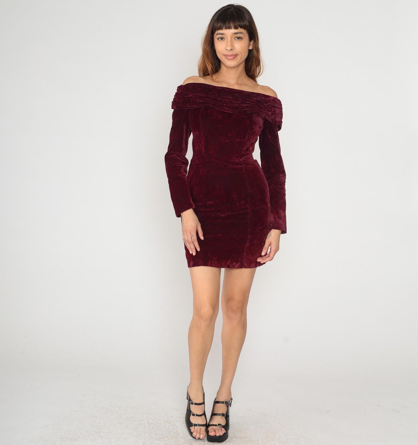 90s Rampage Burgundy Velvet Mini Dress Off-Shoulder Long Sleeve Small