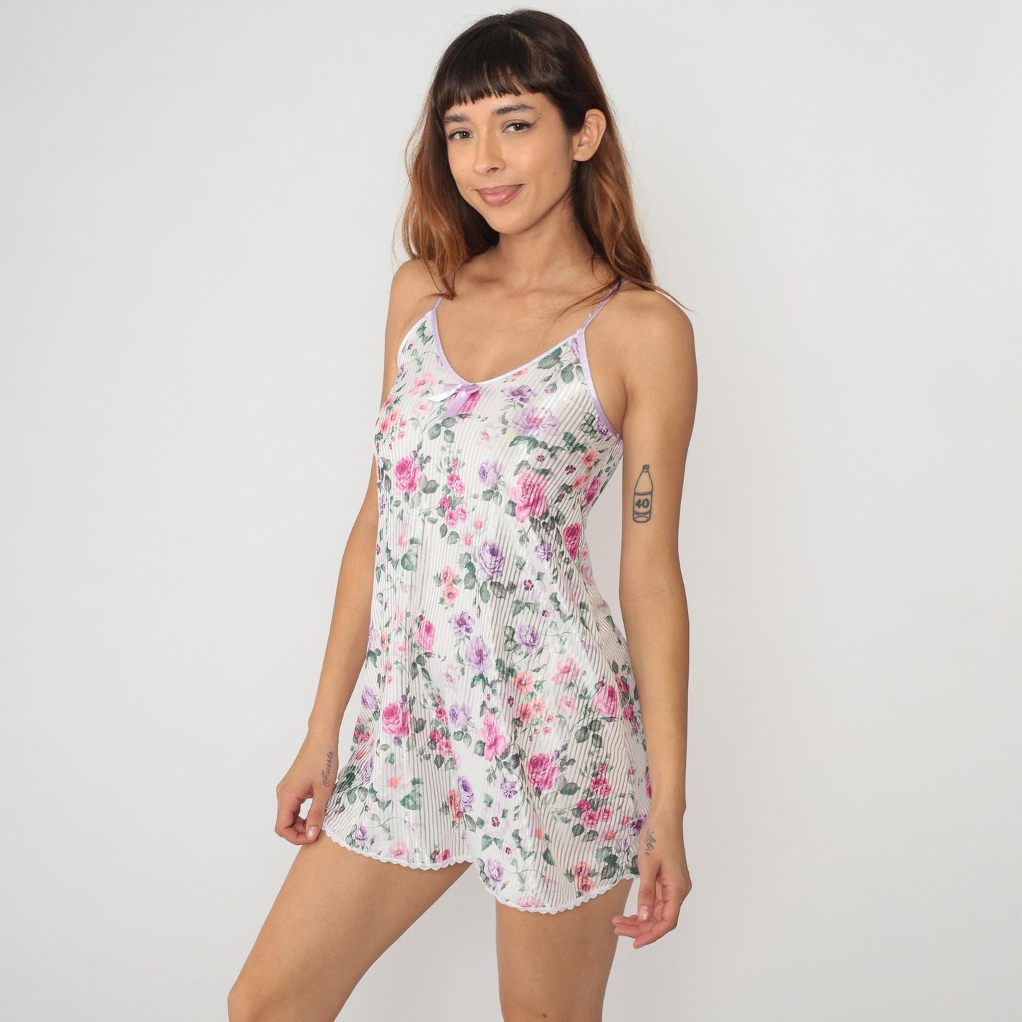 90s Floral Mini Slip Dress White Rose Print V-Neck Bow Camisole XXS