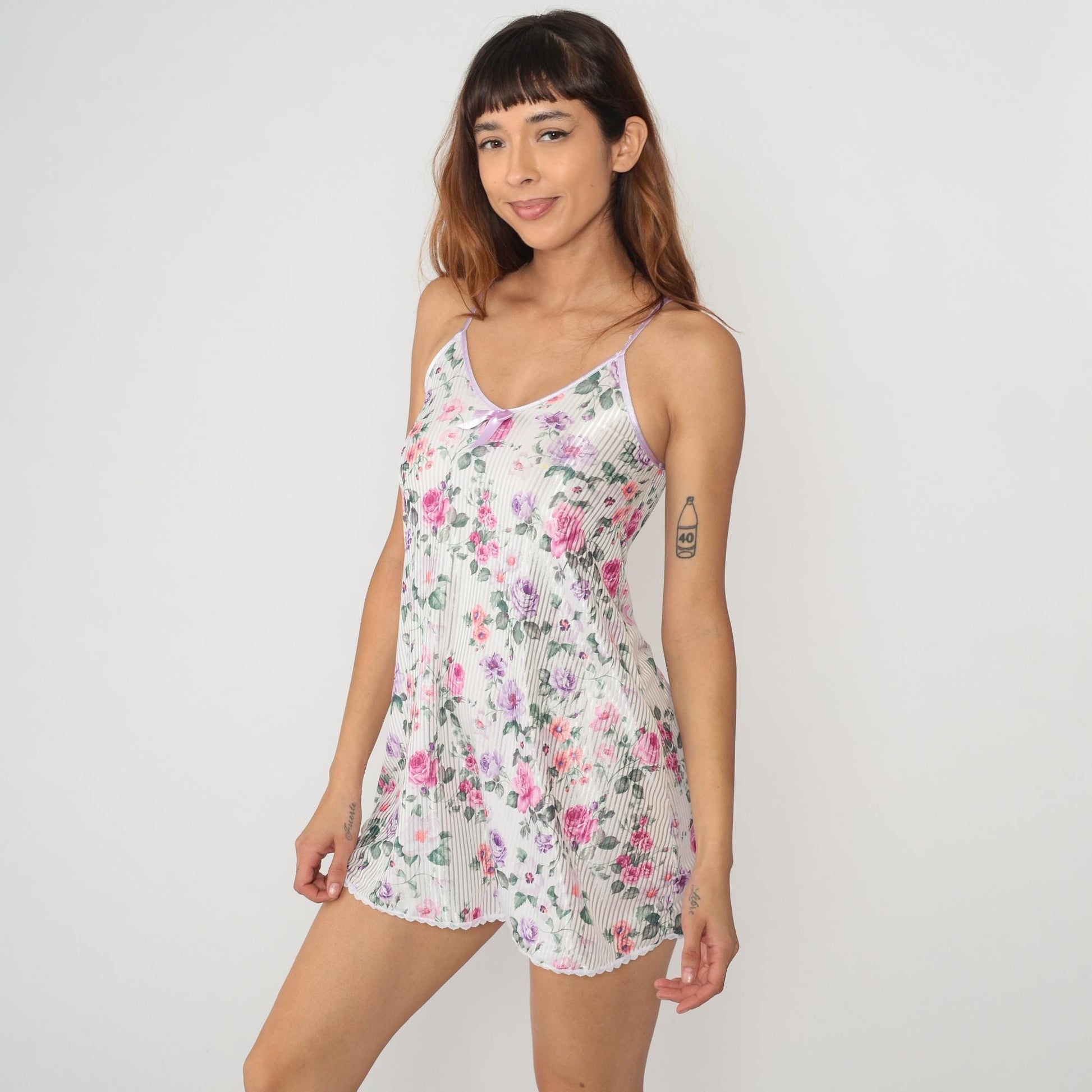 90s Floral Mini Slip Dress White Rose Print V-Neck Bow Camisole XXS