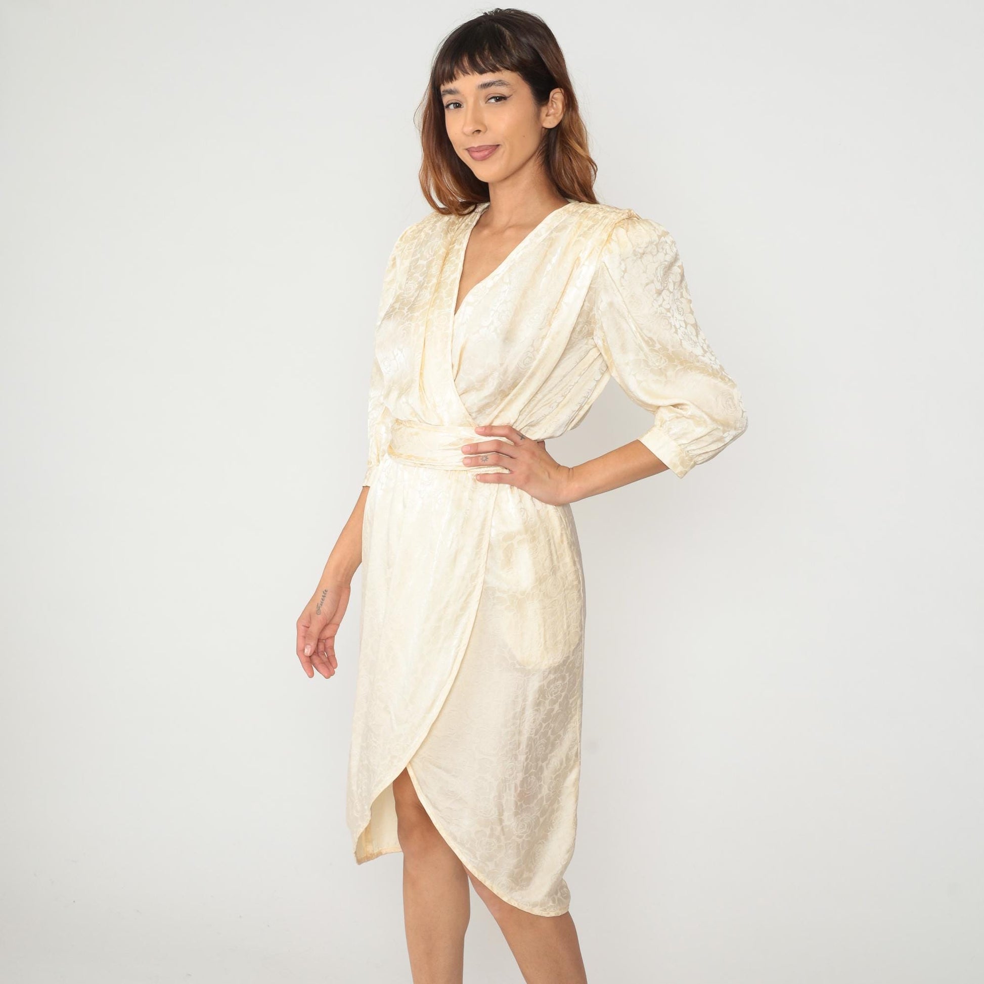 90s Argenti Silk Wrap Dress Cream Floral Jacquard V-Neck Small S