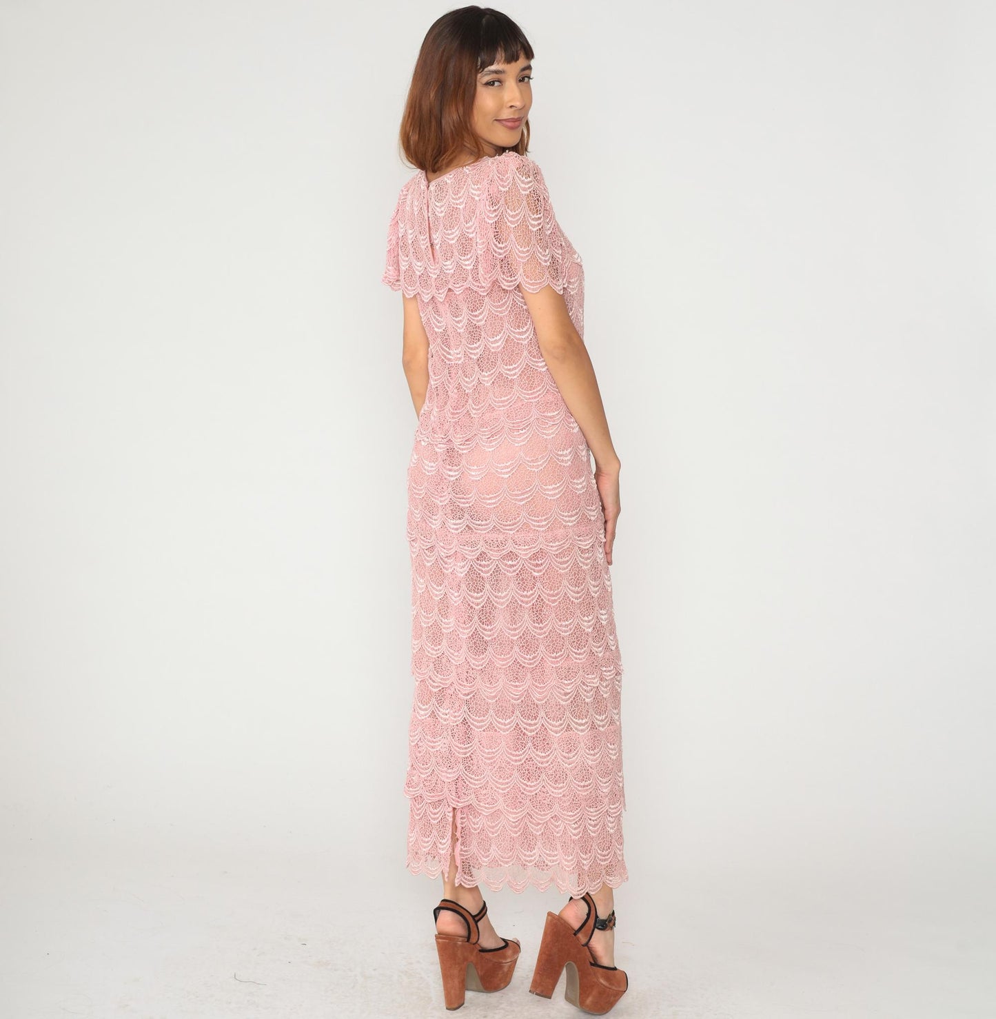 80s Martinique Pink Lace Maxi Dress Scalloped Short Sleeve Small