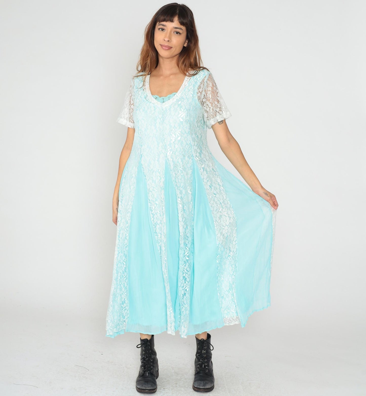 90s Vicki Wayne Aqua Lace Maxi Dress White Crochet Trim V-Neck Large L