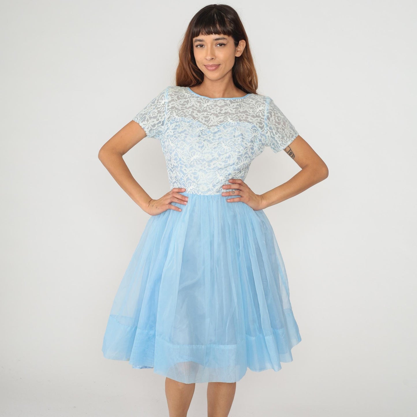 60s Light Blue Floral Lace Party Dress White Overlay Chiffon Skirt Small