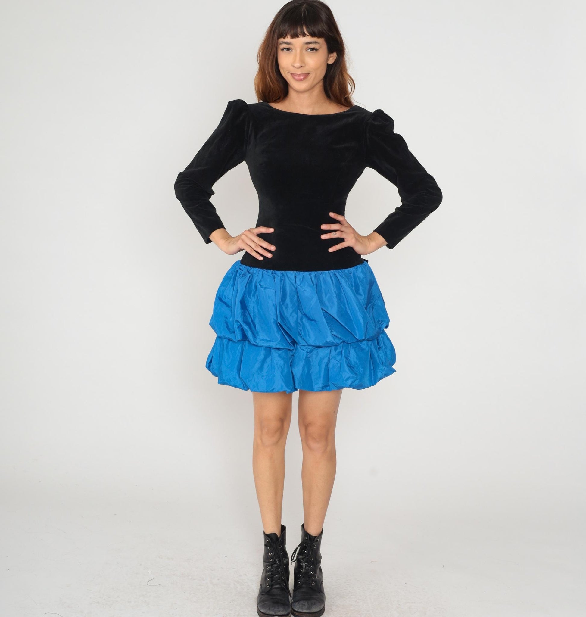 80s Black Velvet Blue Ruffle Puff Sleeve Backless Dress Small