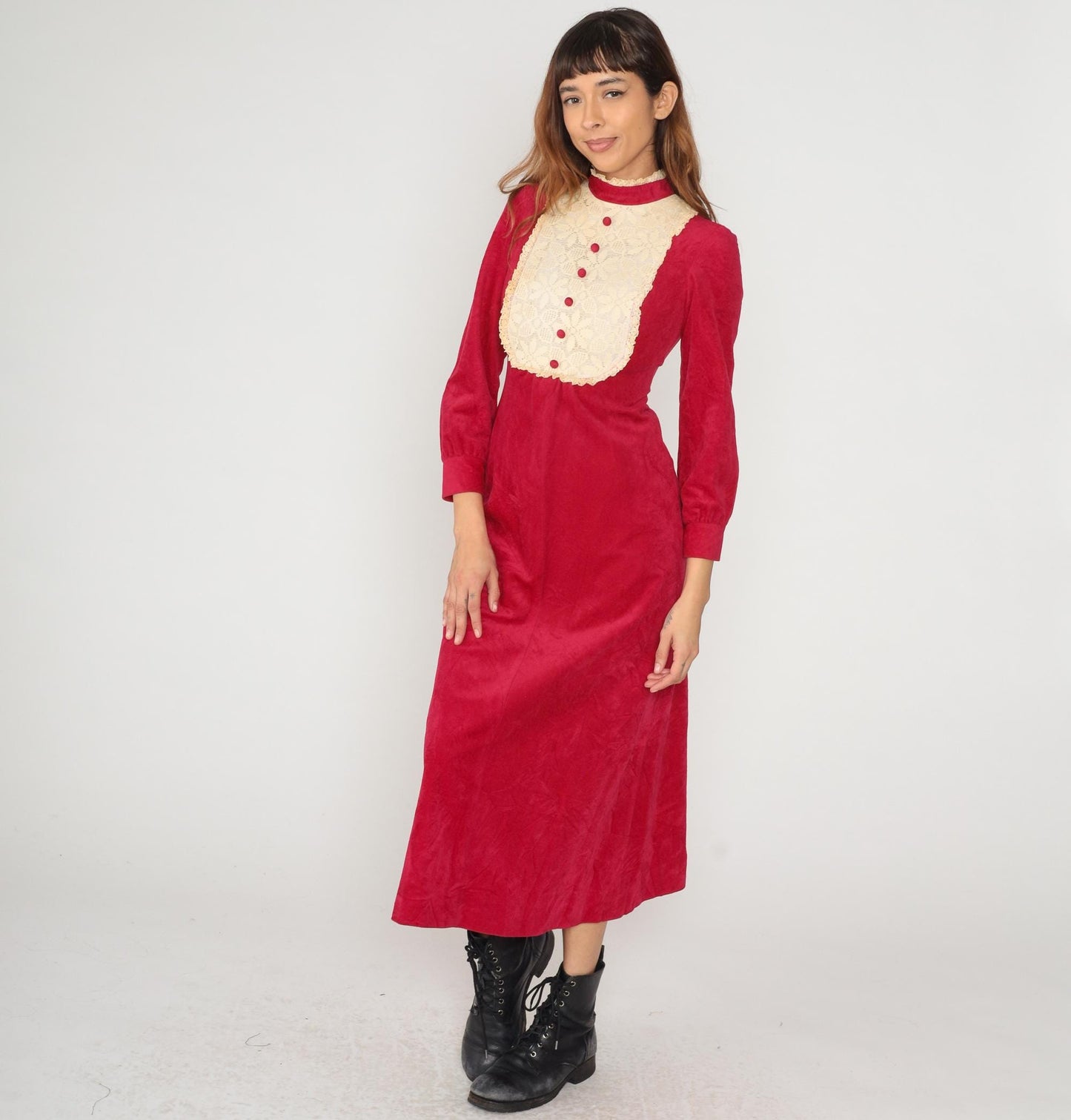 70s Burgundy Velvet Maxi Dress Lace Bib Mock Neck Button Front Extra Small