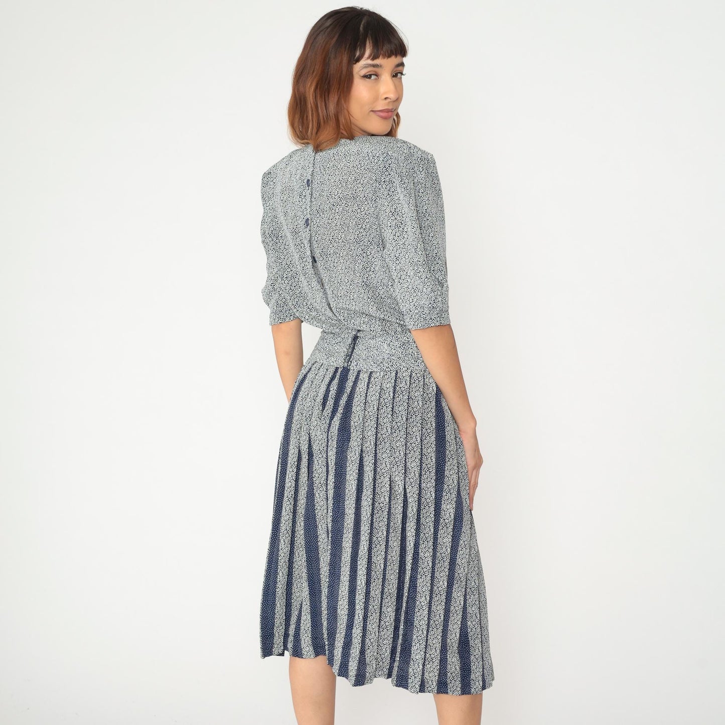 80s Blue White Mixed Print Dress Puff Sleeve Drop Waist Pleated Skirt Medium