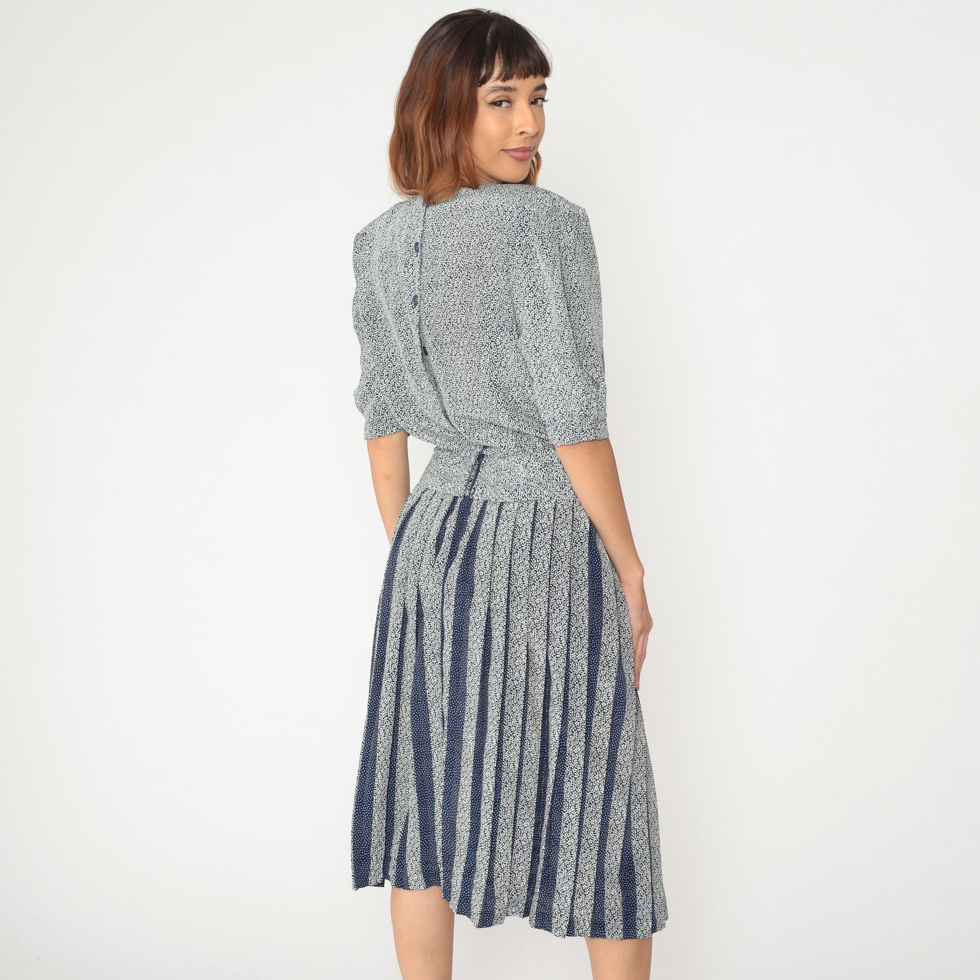 80s Blue White Mixed Print Dress Puff Sleeve Drop Waist Pleated Skirt Medium