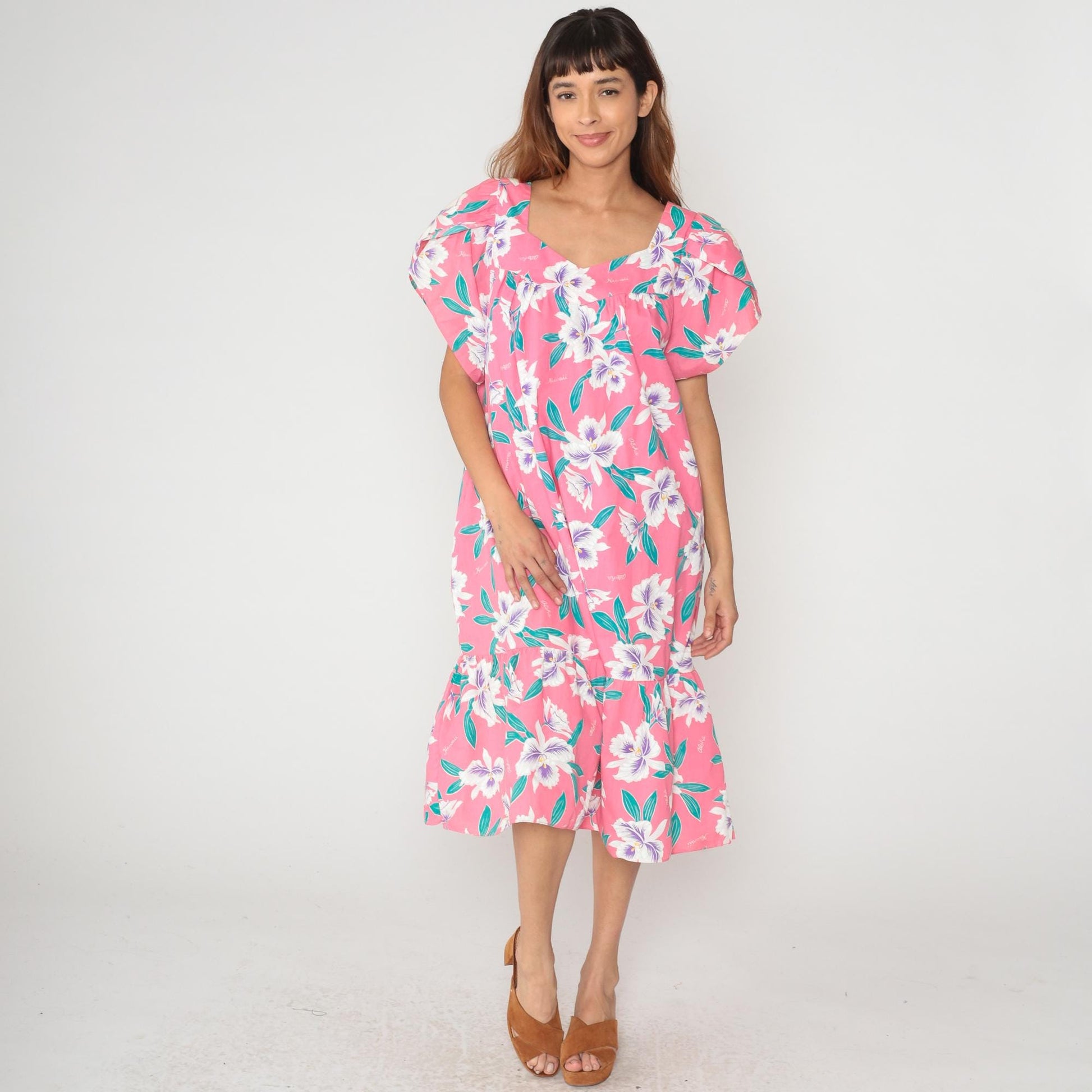 80s Pink Hawaiian Floral Dress V-Neck Flutter Sleeve Knee Length Plus Size XXL