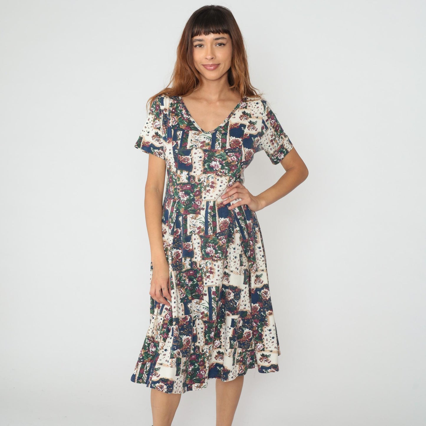 90s Patchwork Floral Midi Dress Cream Navy Burgundy Green Cotton V-Neck Medium M